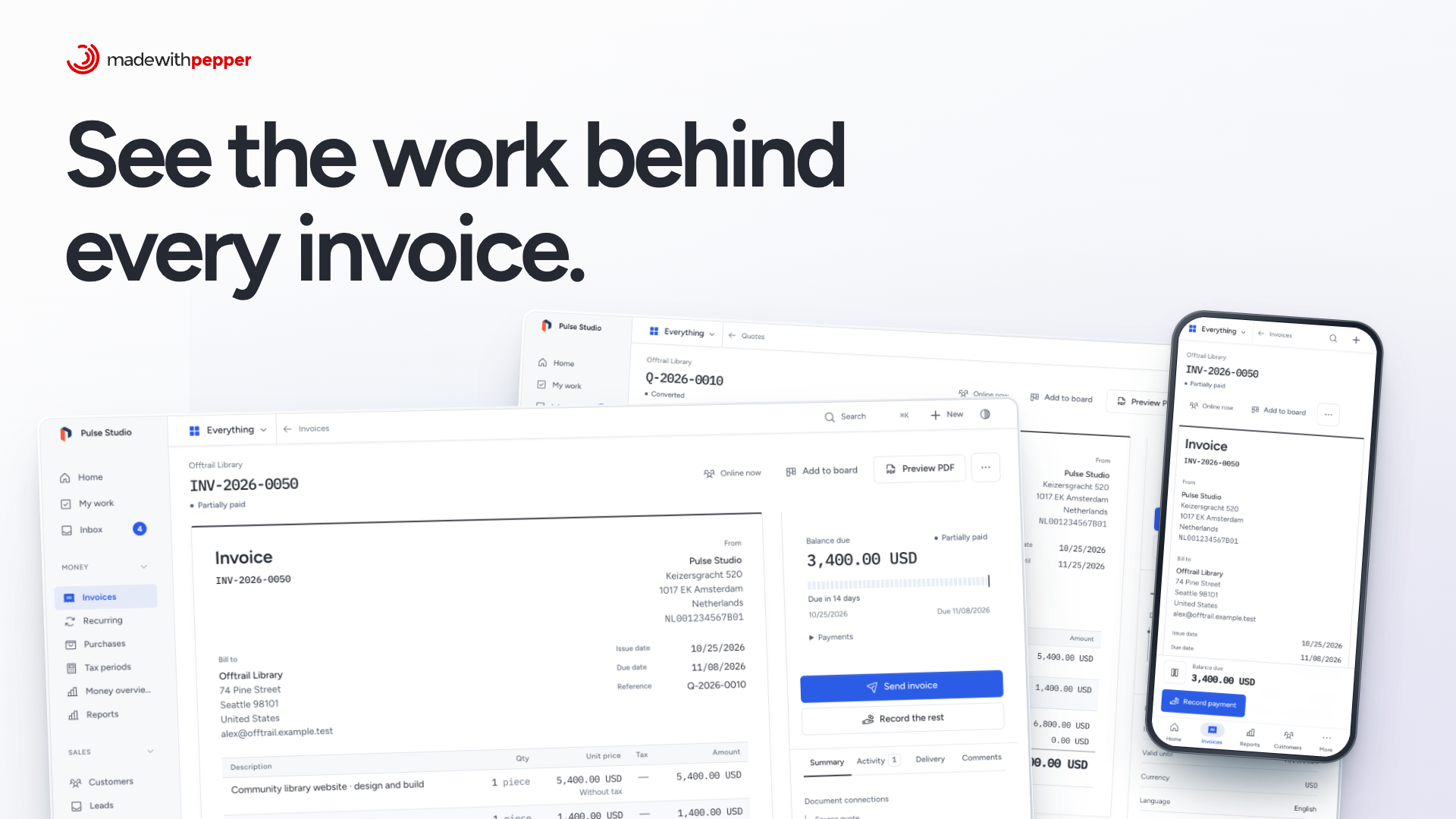 An Offtrail Library invoice with 3,400.00 USD still due, its source quote layered behind it and the same invoice on a phone, under a single-color headline.