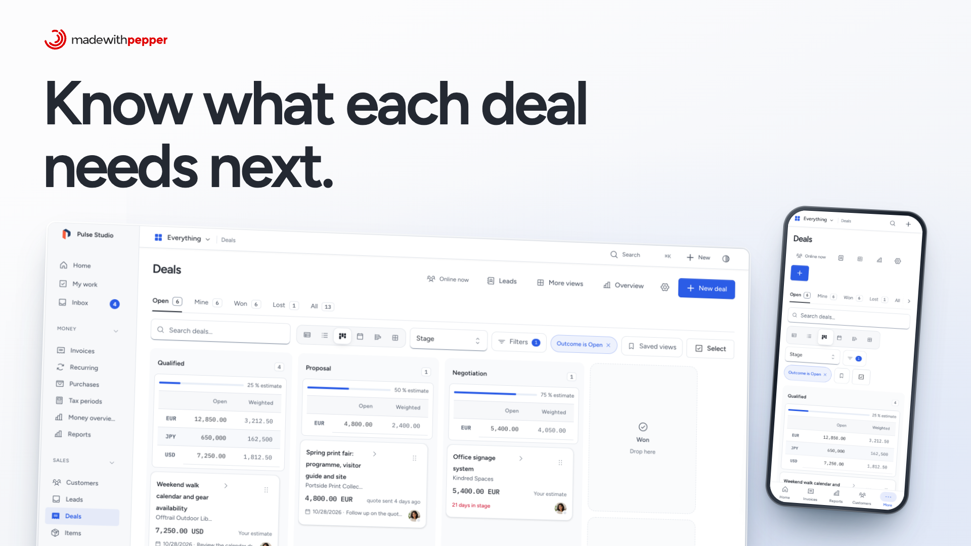 The Pepper sales pipeline on a desktop and phone, with deal stages, values and next steps.