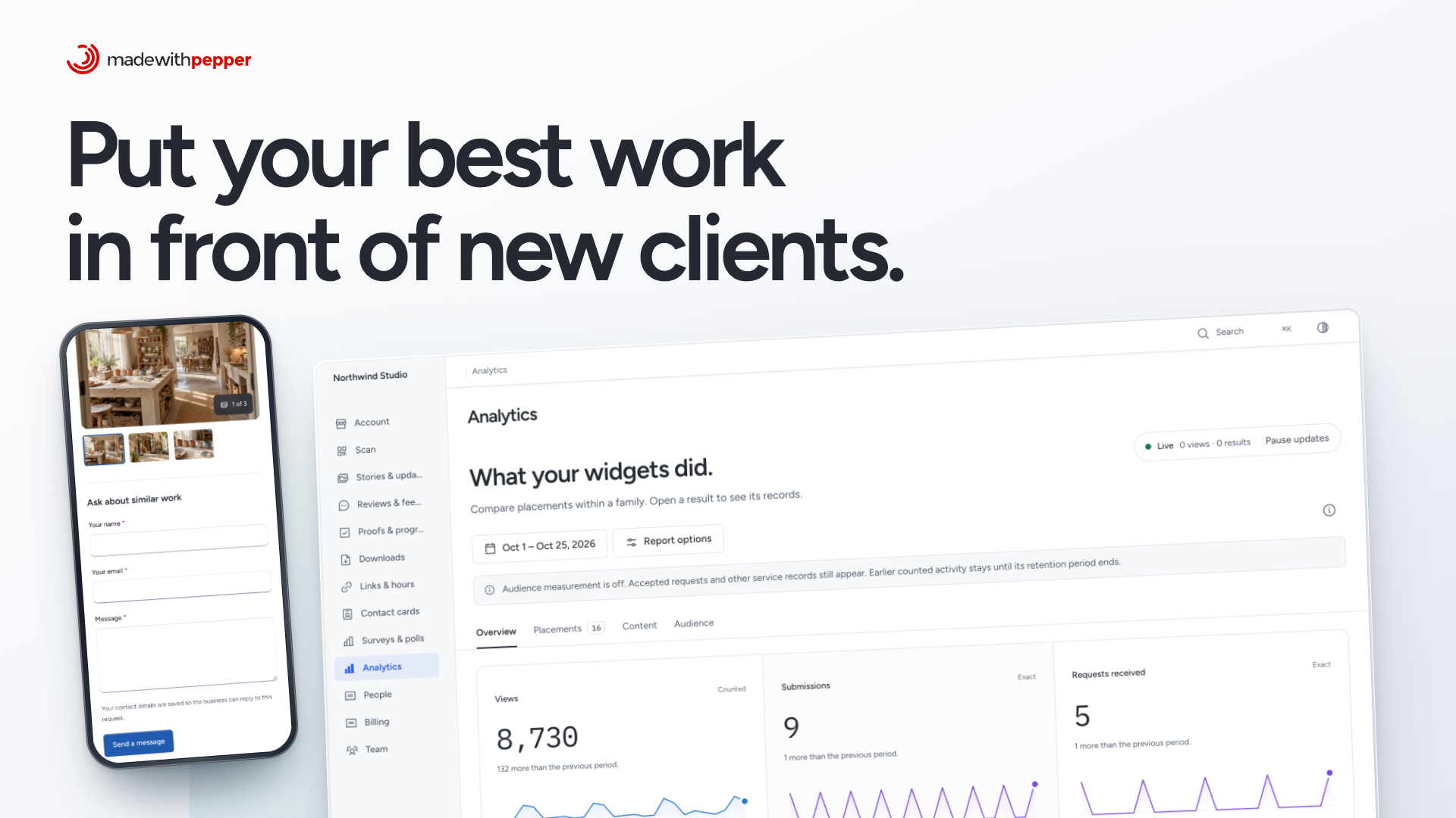 Northwind Studio analytics with views, enquiries and daily charts beside a public case study and photo gallery on a phone.