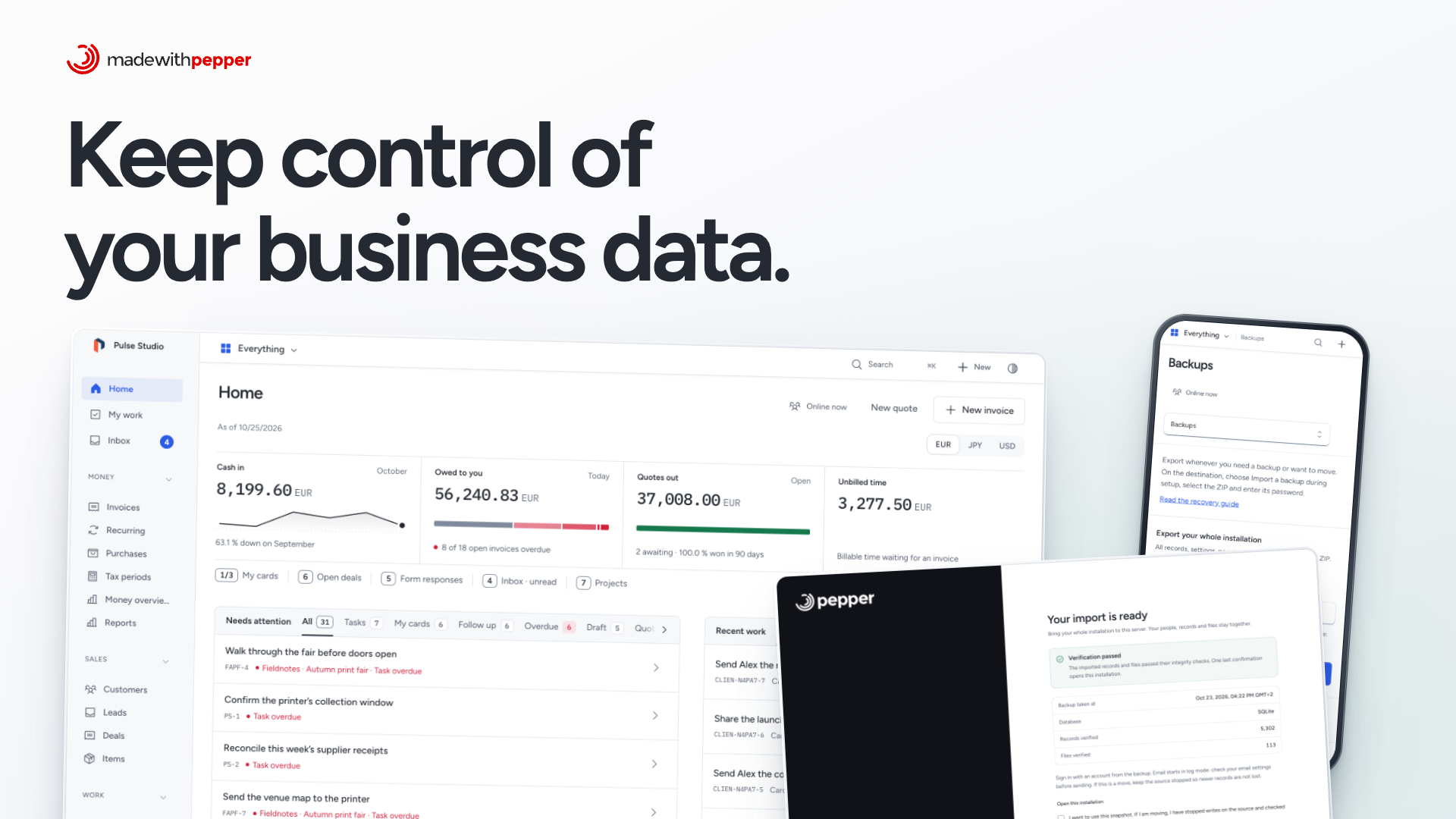 A populated business dashboard with Backups on a phone and a verified import on a new server.