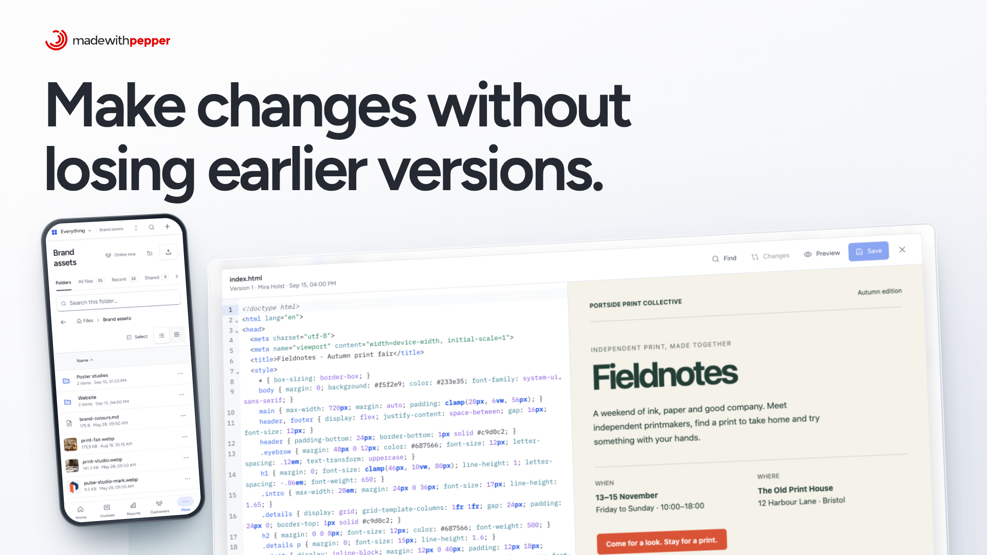 The Pepper text editor with an HTML file and its preview, and the Brand assets folder on a phone.