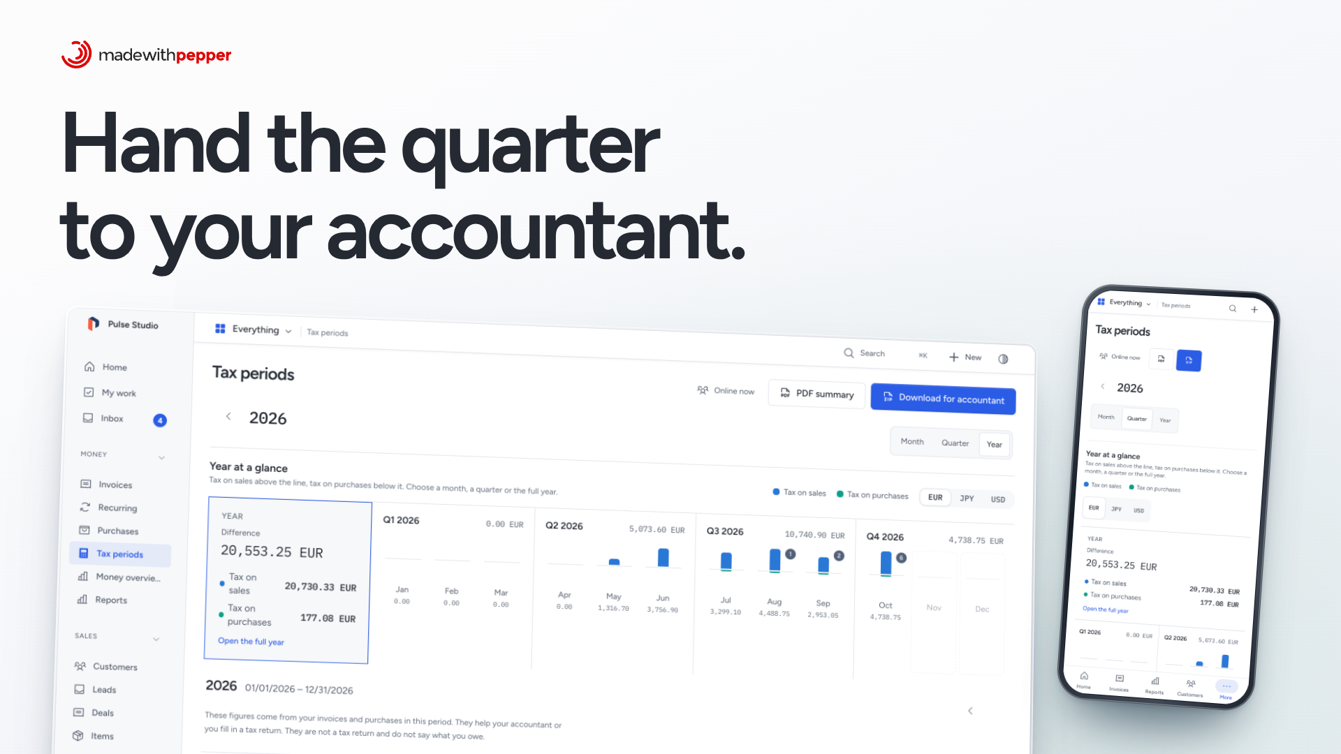 Tax periods with the year at a glance and the current quarter on a phone.
