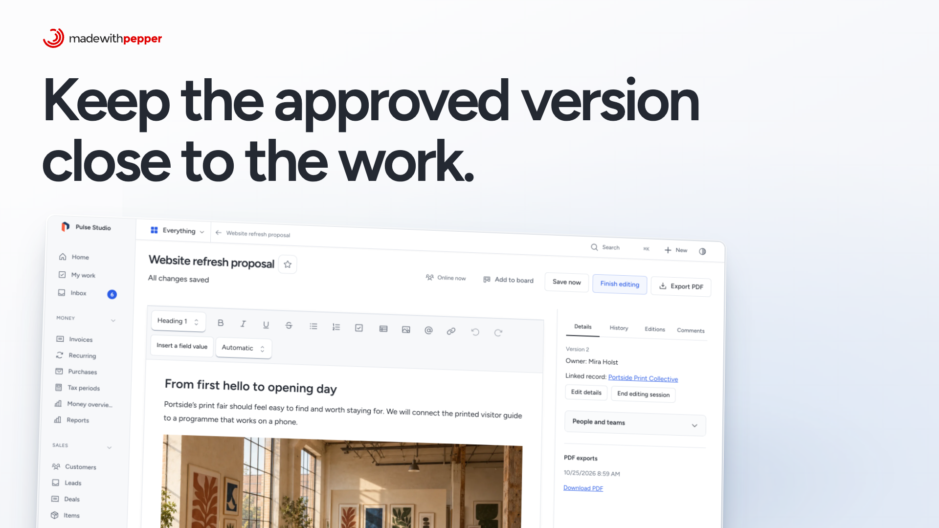 The Pepper Docs editor with structured content and version controls.