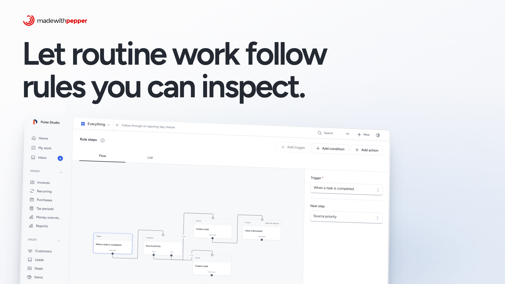 The Pepper automation builder showing its trigger, conditions and actions.