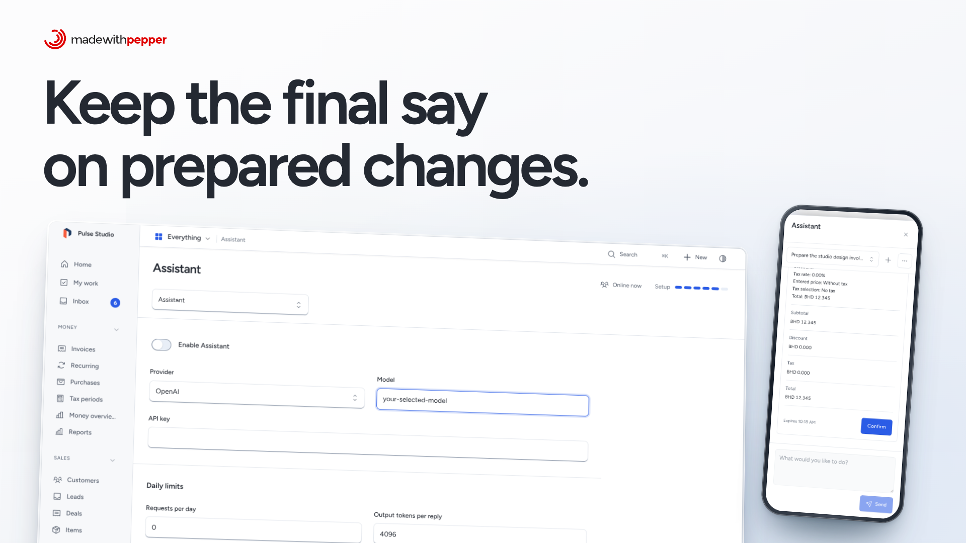 Pepper Assistant setup beside a phone showing a prepared change awaiting human confirmation.