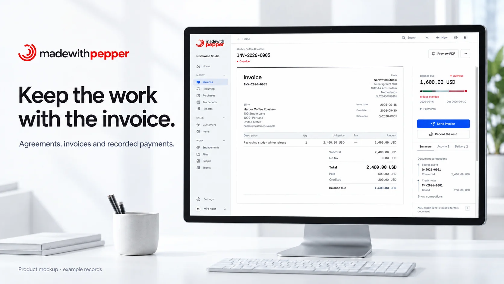 Made with Pepper marketing mockup: the invoice and its connected records on a desktop monitor.