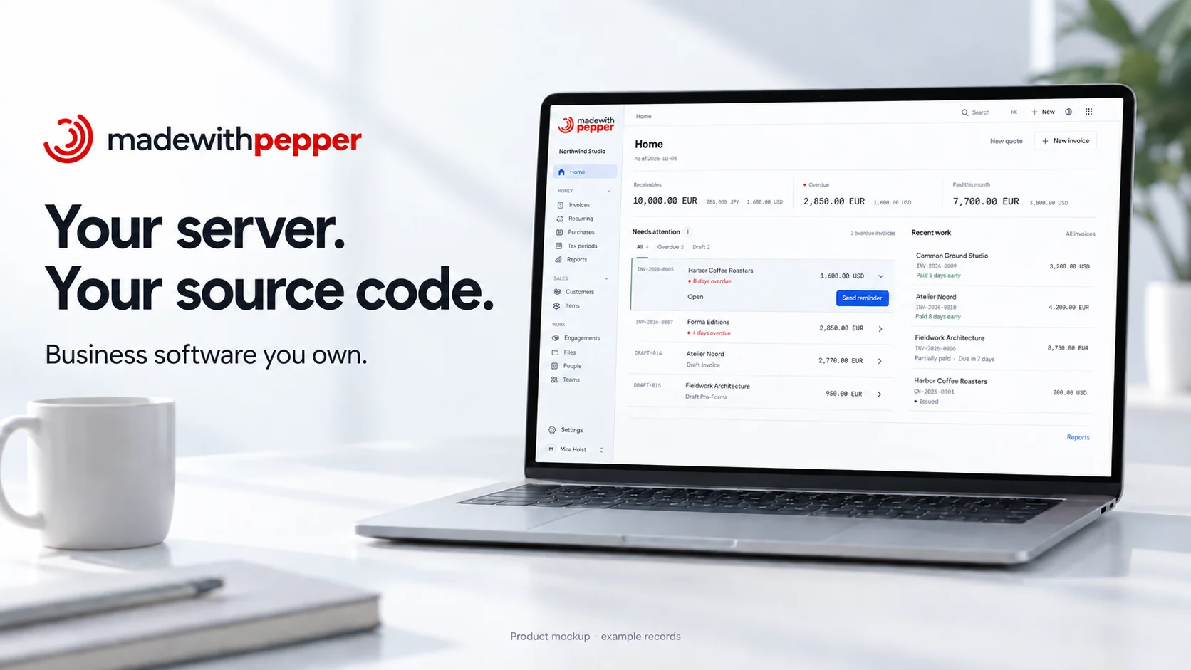 Made with Pepper ownership artwork with a laptop showing the Home interface.