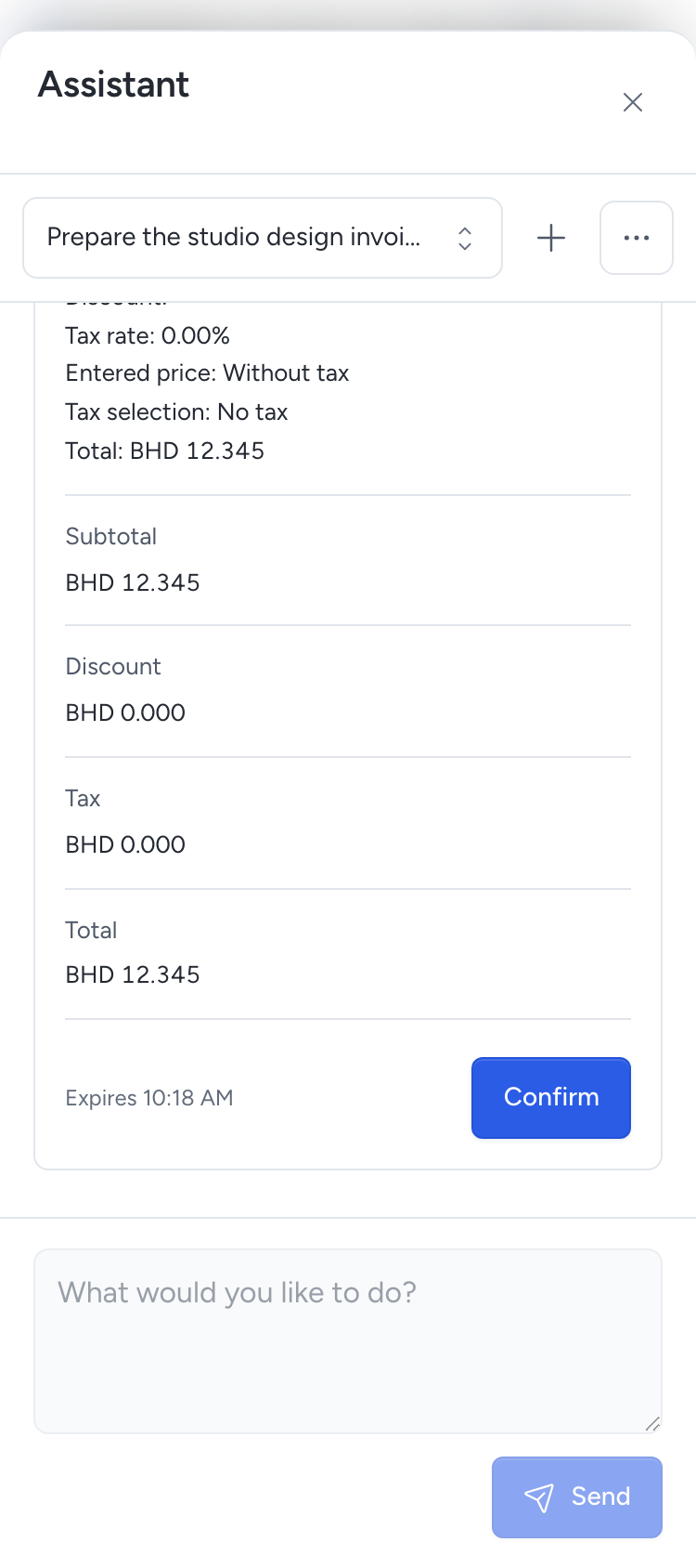 Exact BHD totals and the Confirm action on a phone before a draft is saved