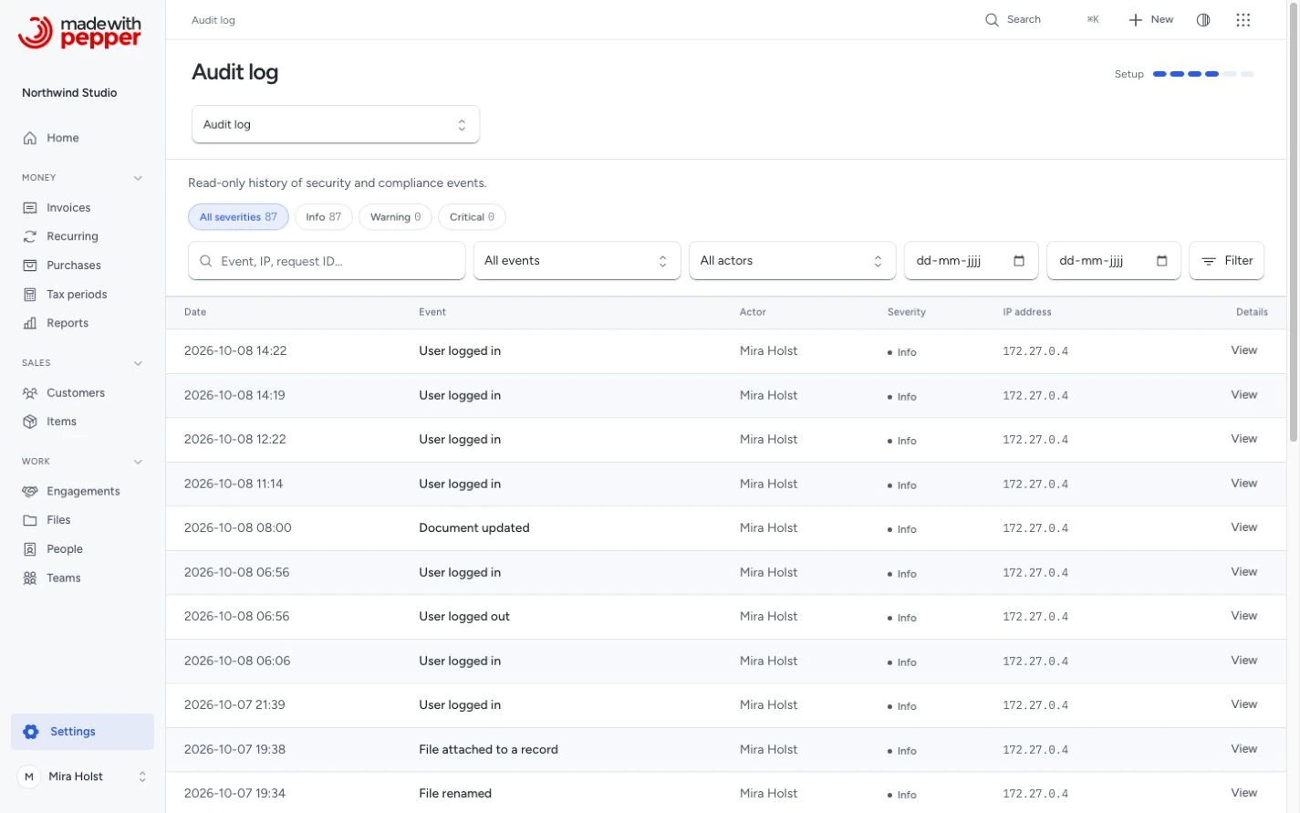 Audit log with actor, event and time filters