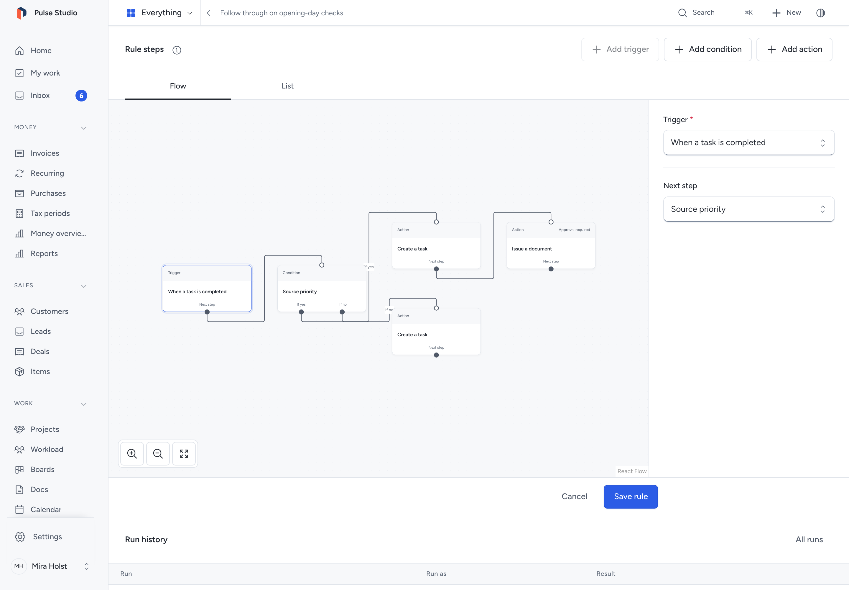 An automation connects a work event to conditions and actions, with the selected step open for editing.