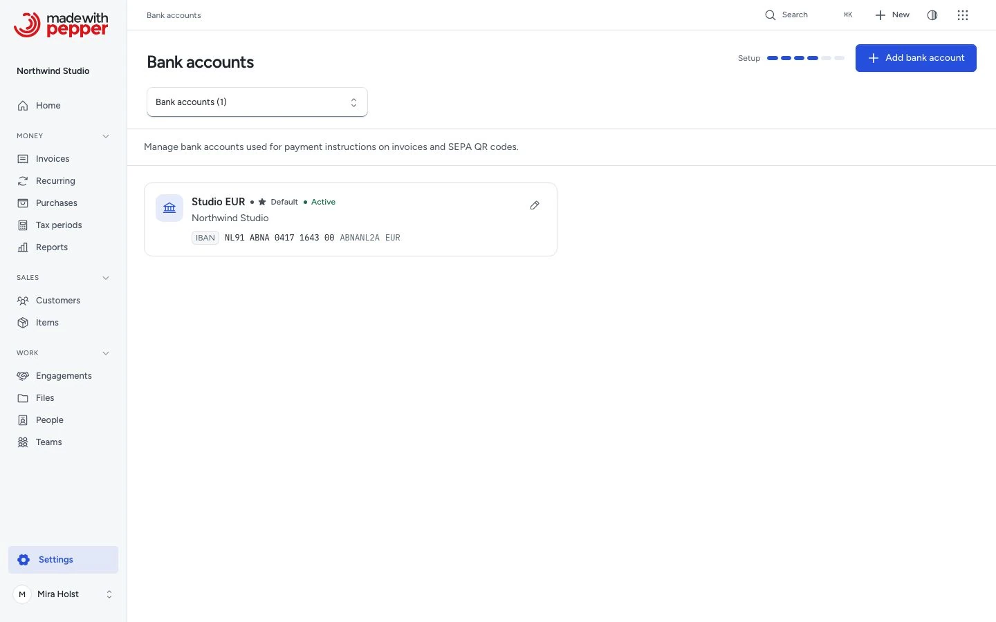 Bank account settings with account details and currencies