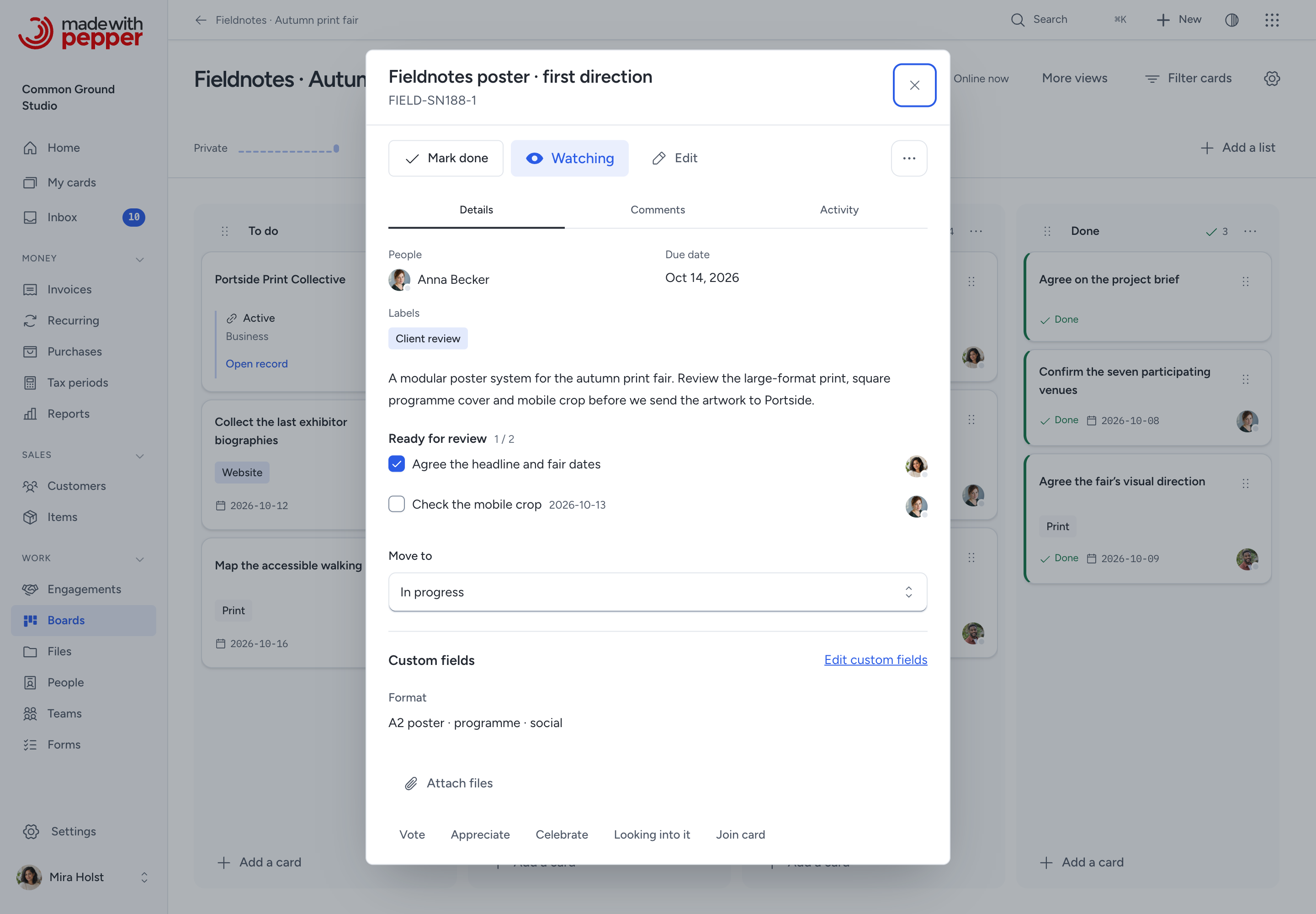 An open card with its description, people, due date and conversation tabs