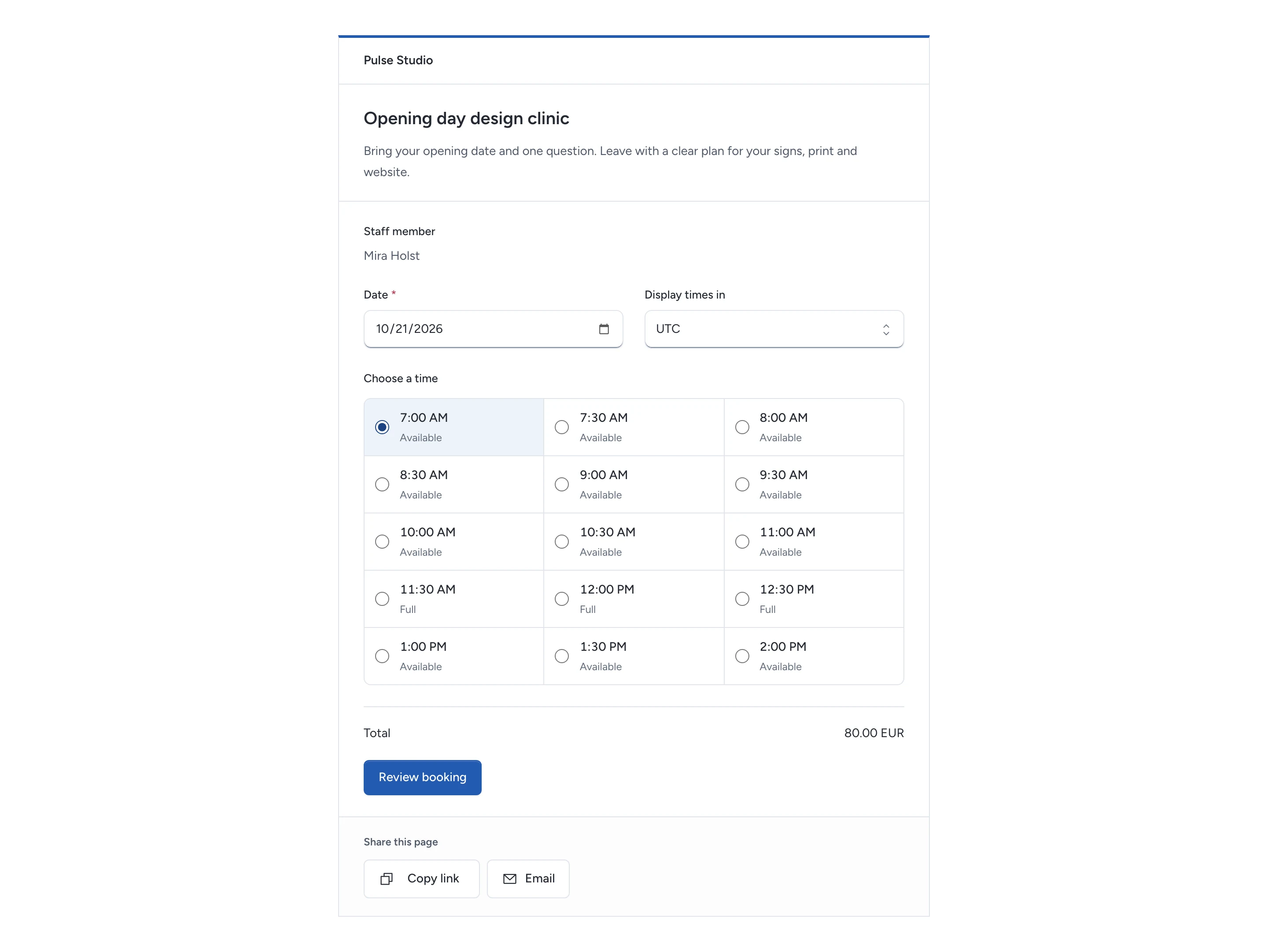 An appointment widget with a selected time and its confirmed price before review.