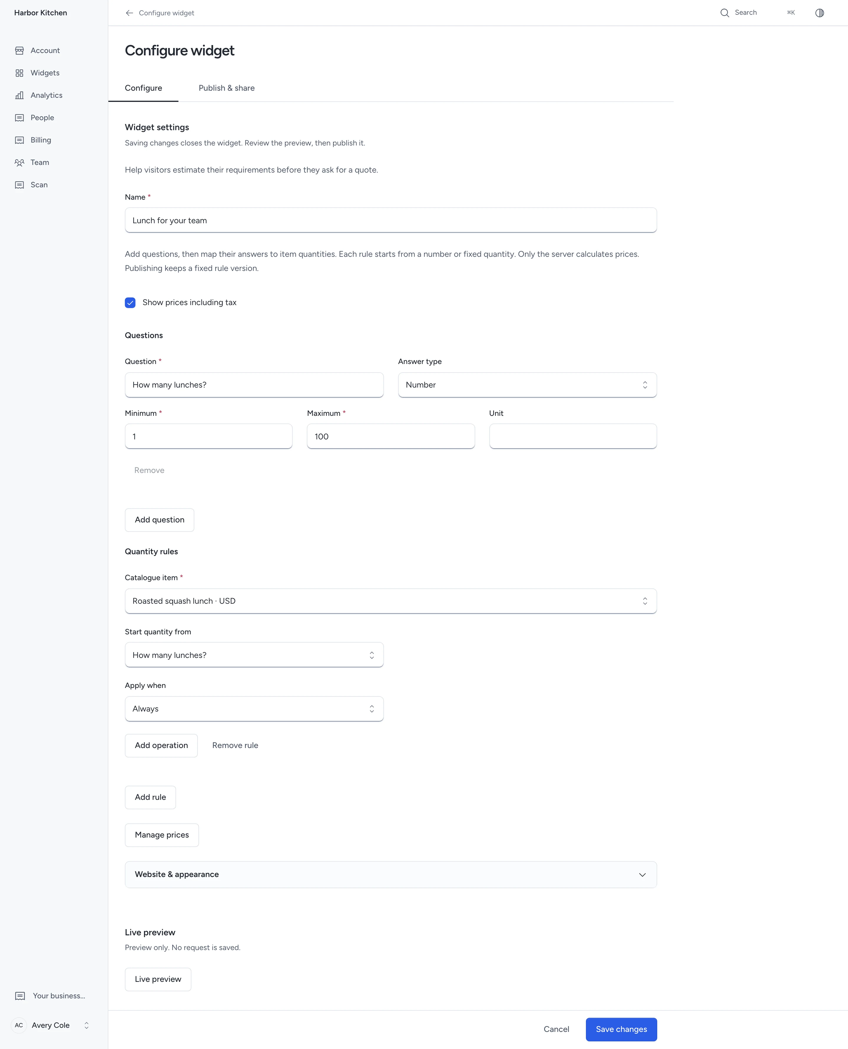 Business account editor for estimator, with its own widget settings