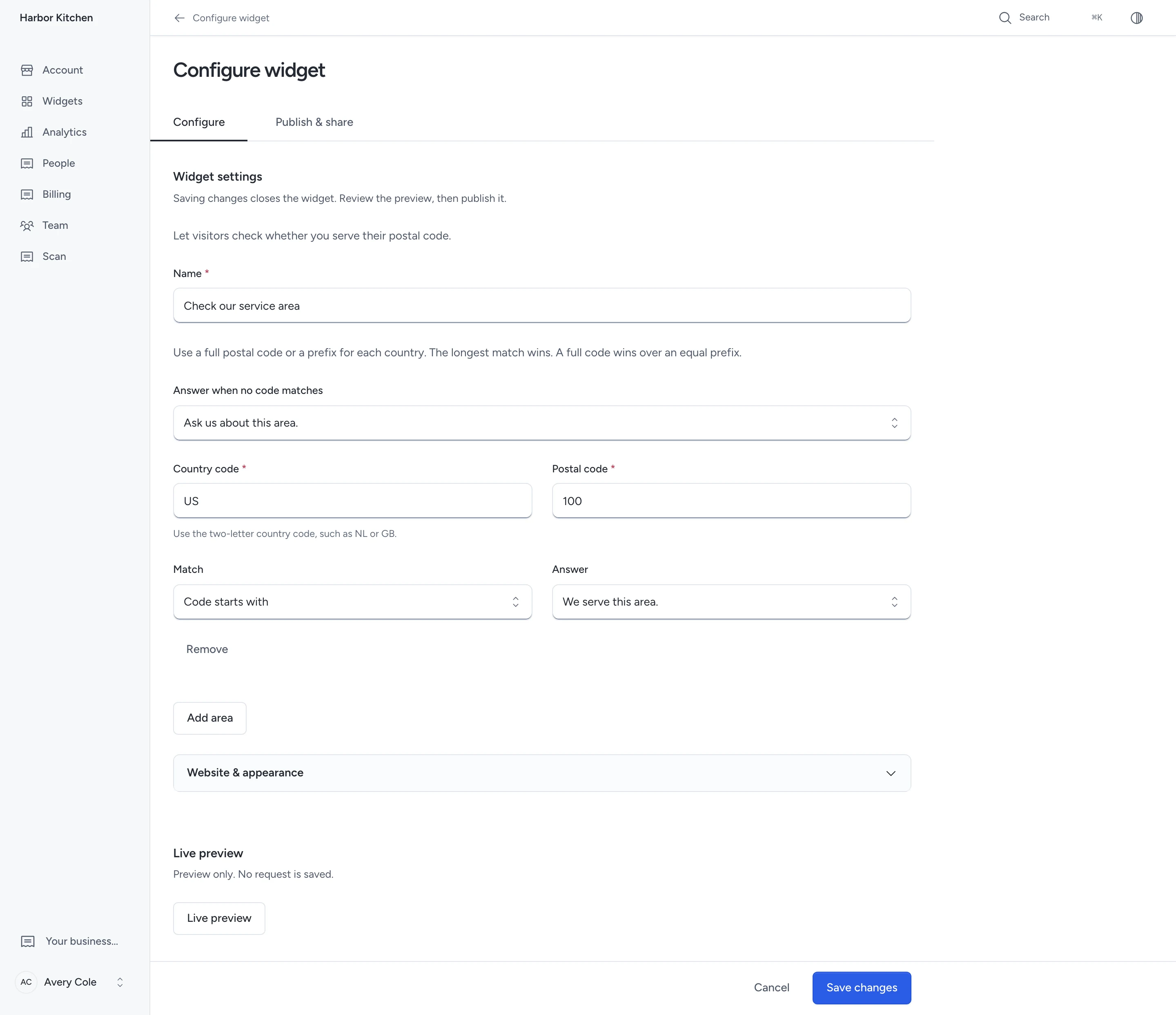 Business account editor for service area, with its own widget settings