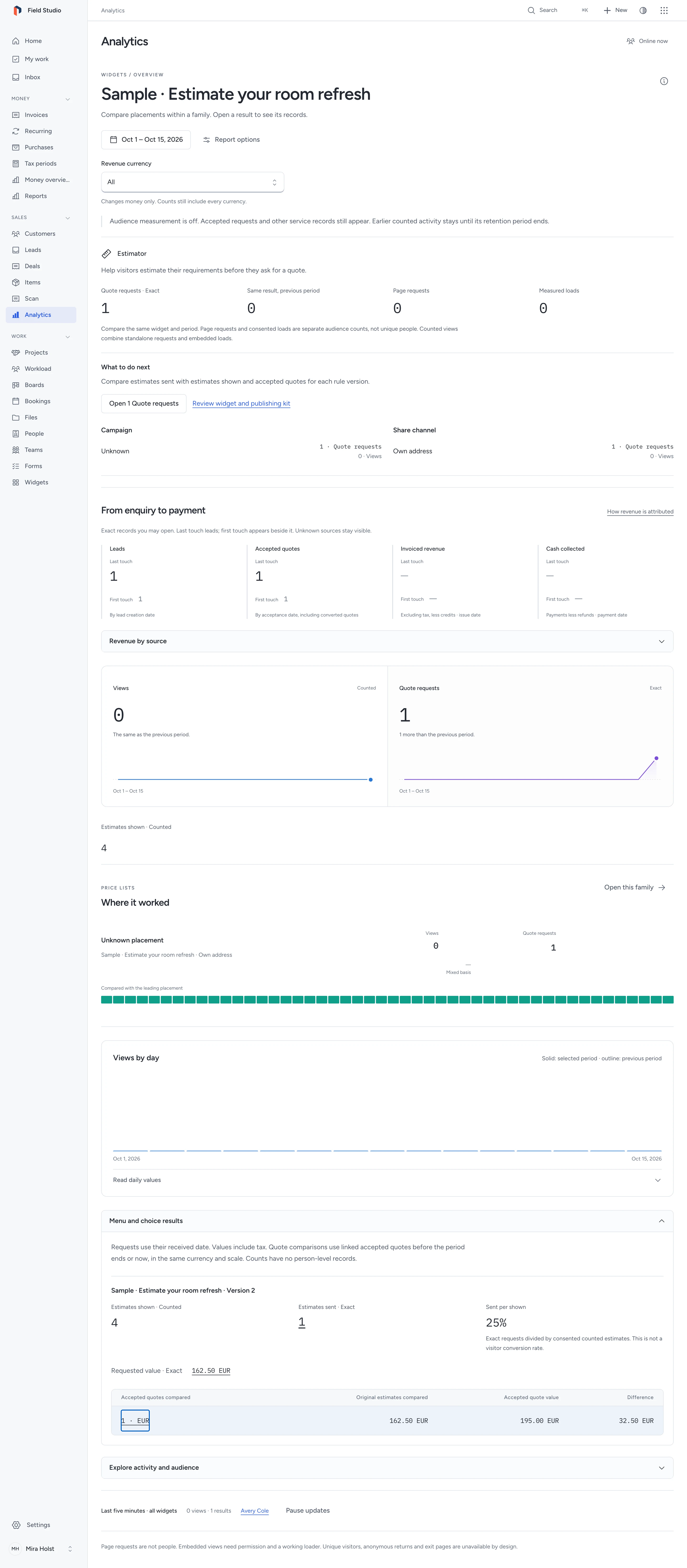 Platform report with saved estimator versions, requested values and accepted quote comparisons