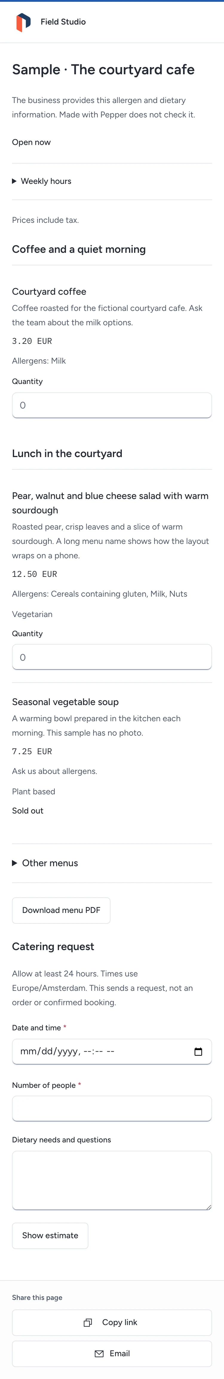 Show your menu, serving hours and the allergen information your business enters.