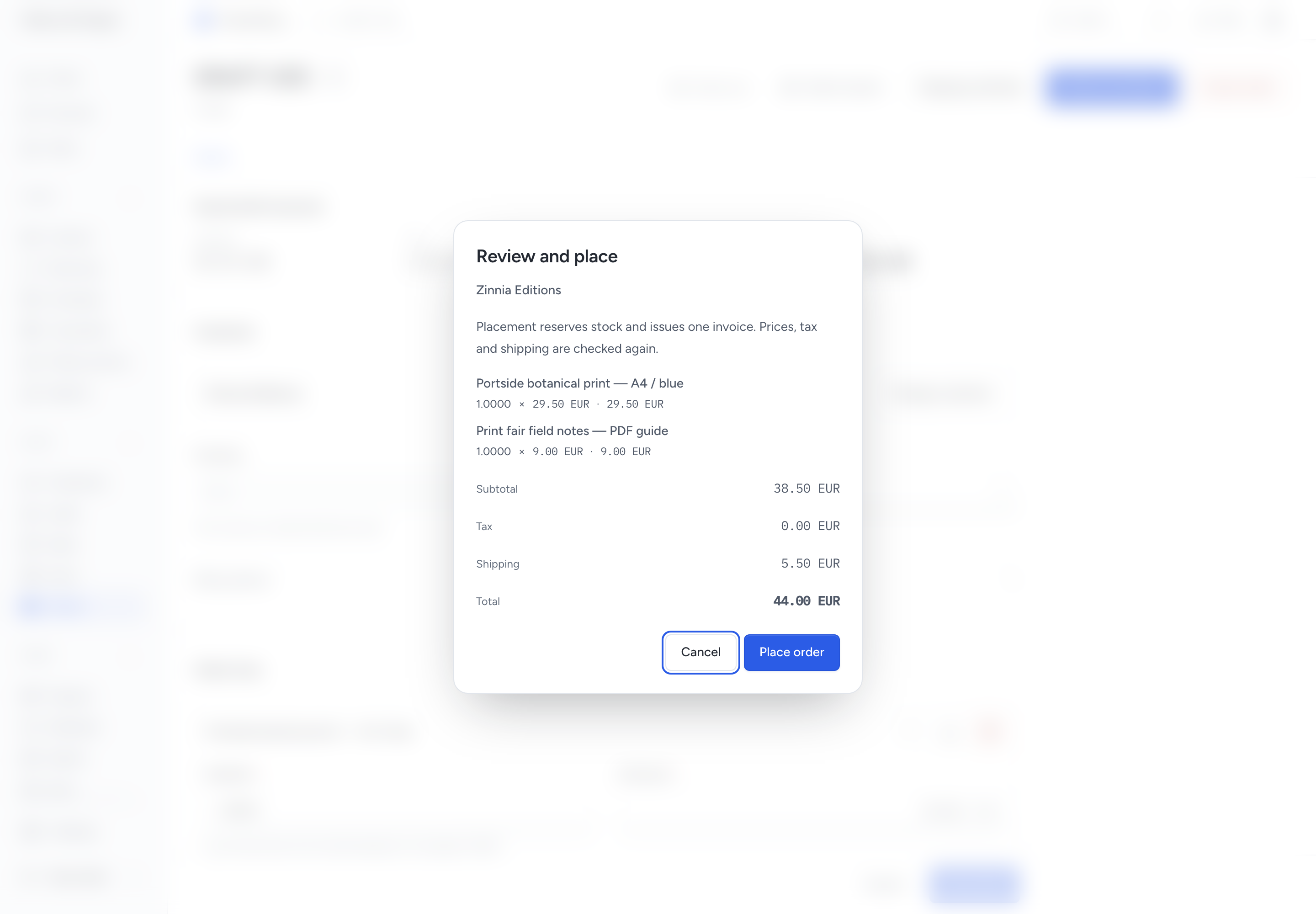 Order placement review with physical and digital goods, exact totals and the invoice and stock consequence