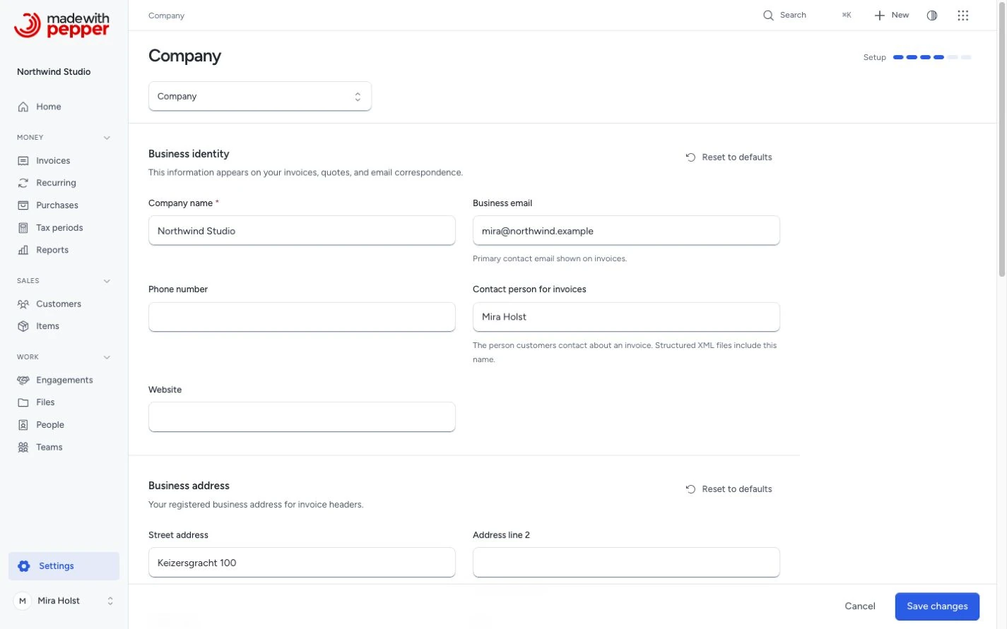 Company settings with business identity and the settings location control