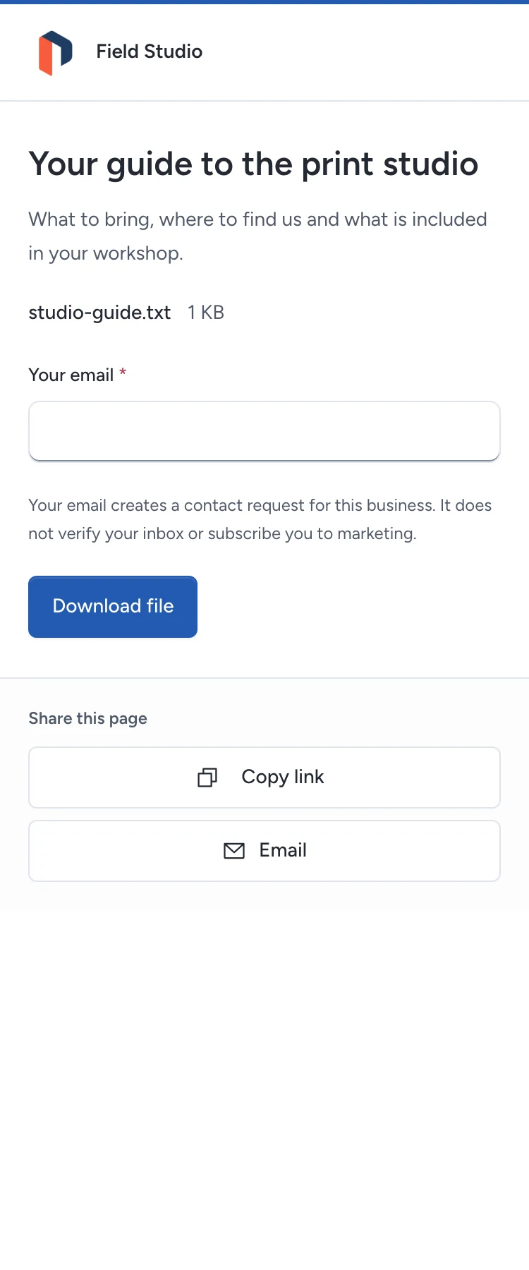 Offer a brochure or other permitted file, with an optional email field.