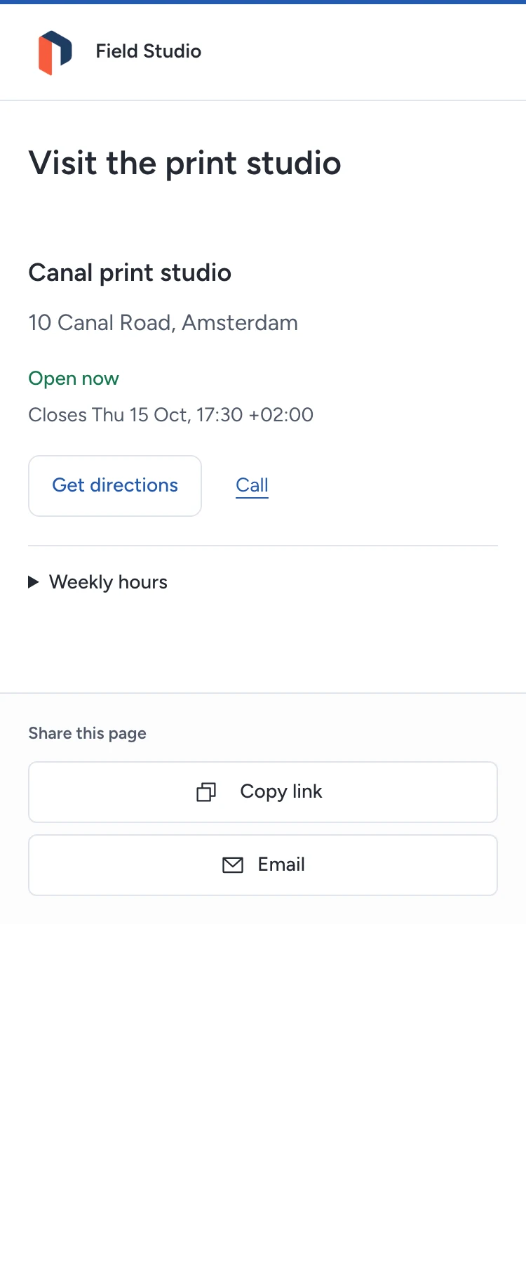 Show business addresses, opening times and dated closures.