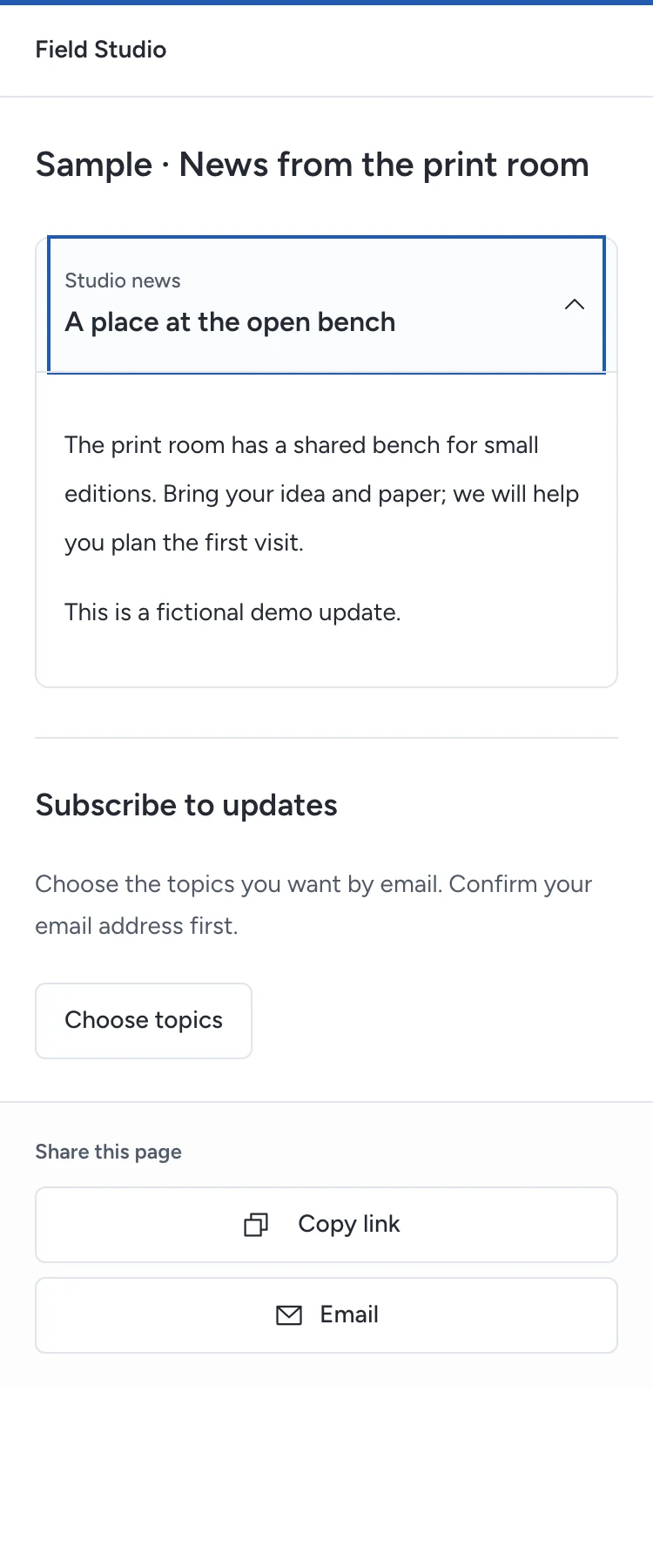 An open studio update and the topic subscription button on a phone