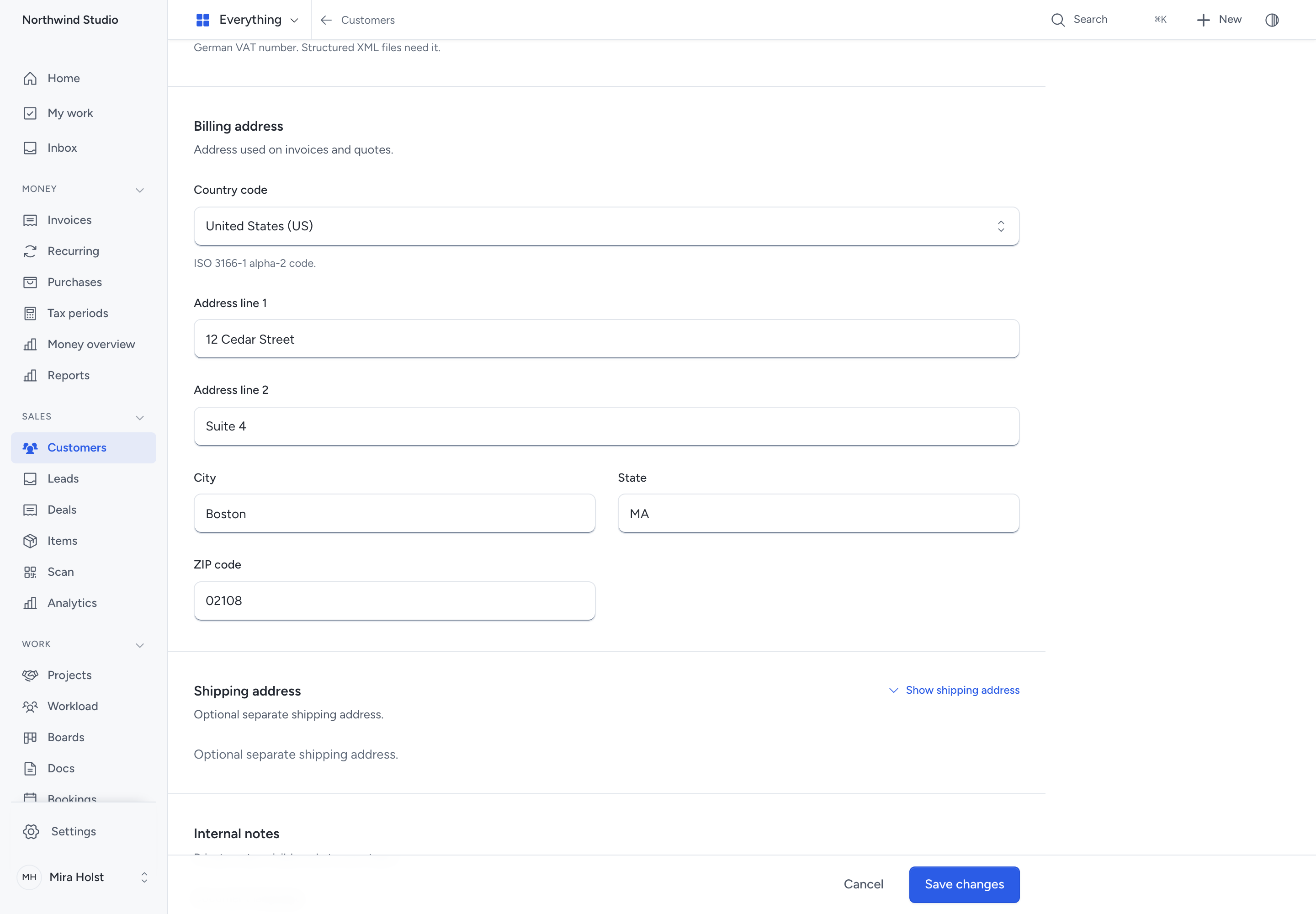 Saved US billing address with city, state and ZIP code fields
