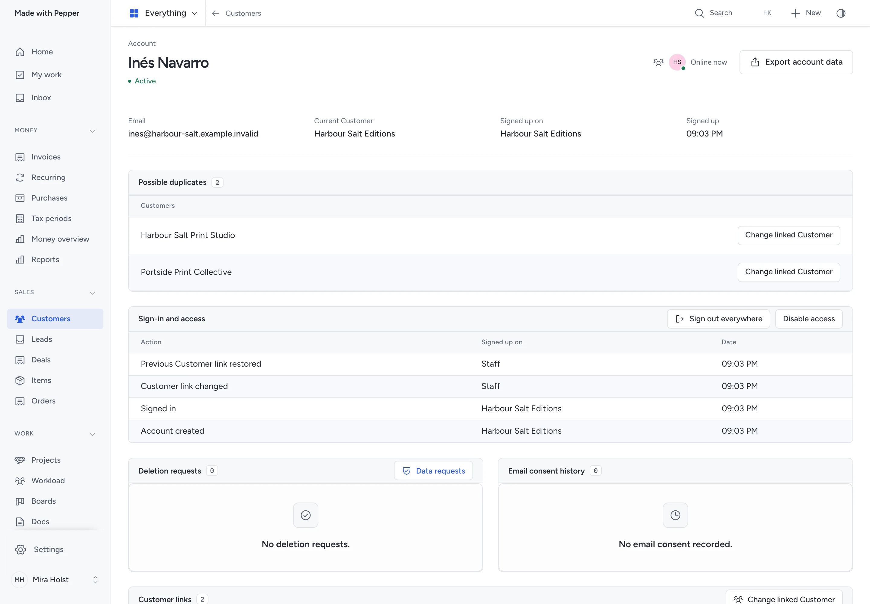 Current Customer with two possible matches and a Change linked Customer action for each