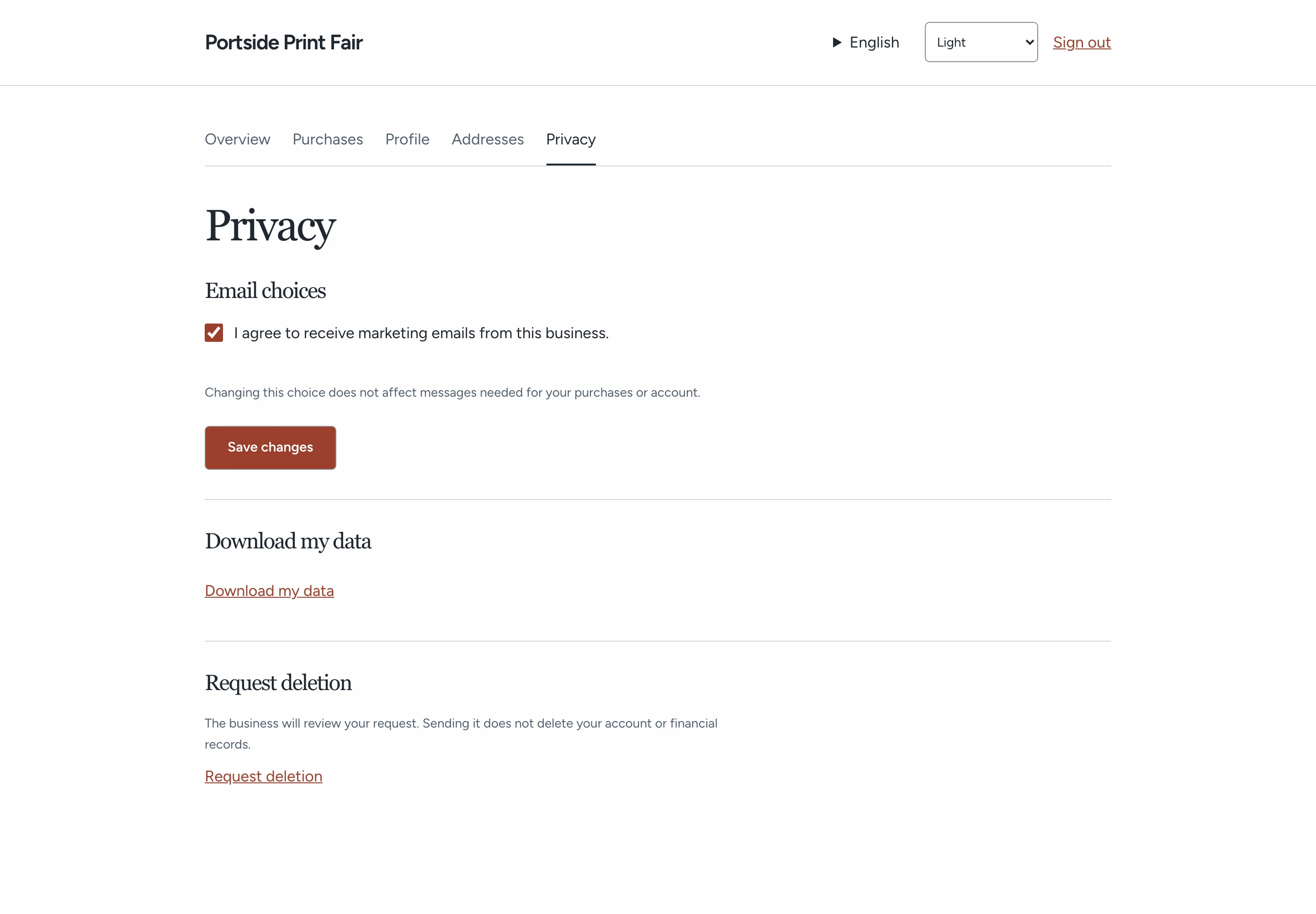 Customer Privacy with email choices, Download my data and Request deletion