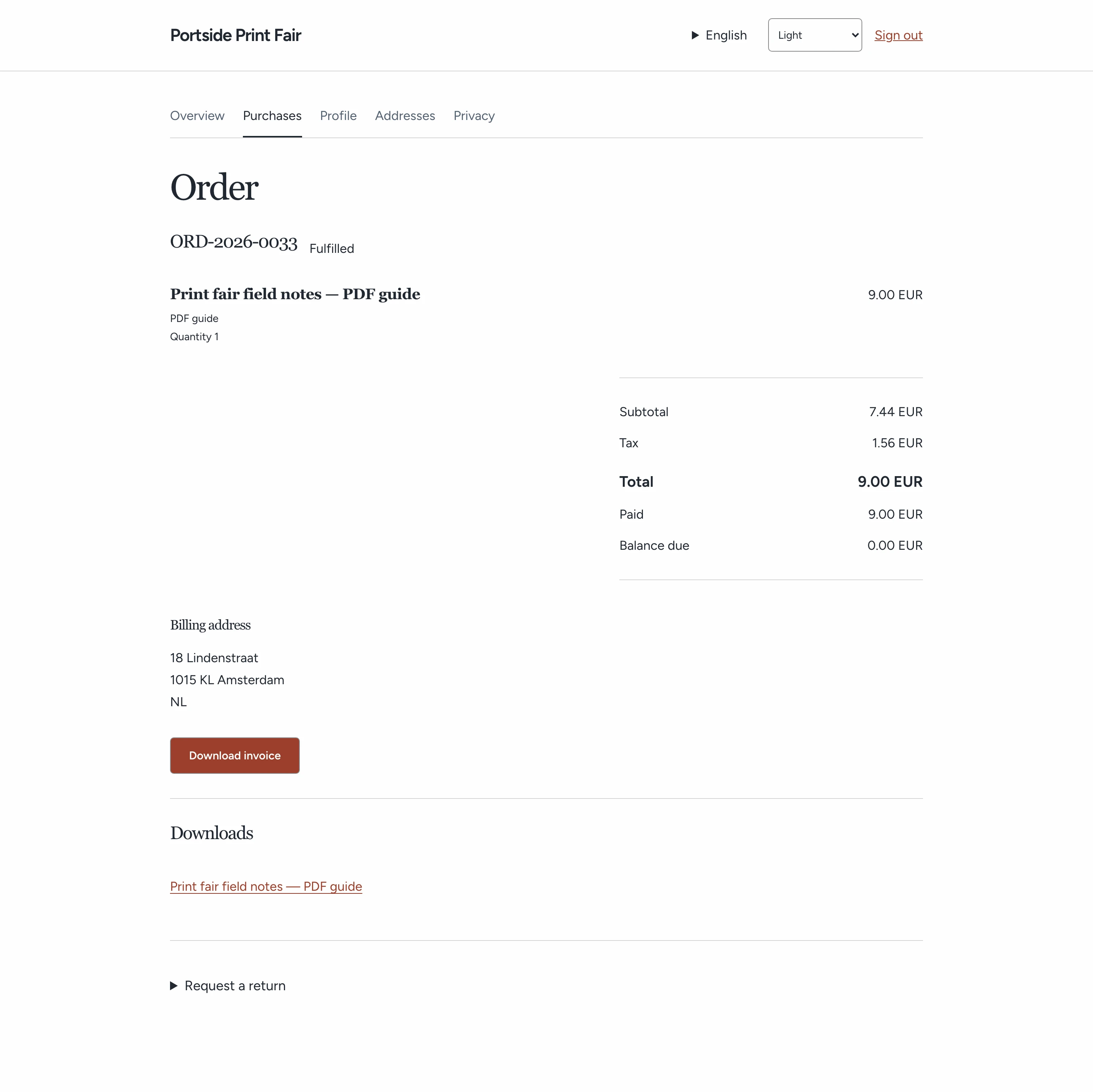 Fulfilled digital purchase with exact totals, Download invoice, the available PDF and Request a return