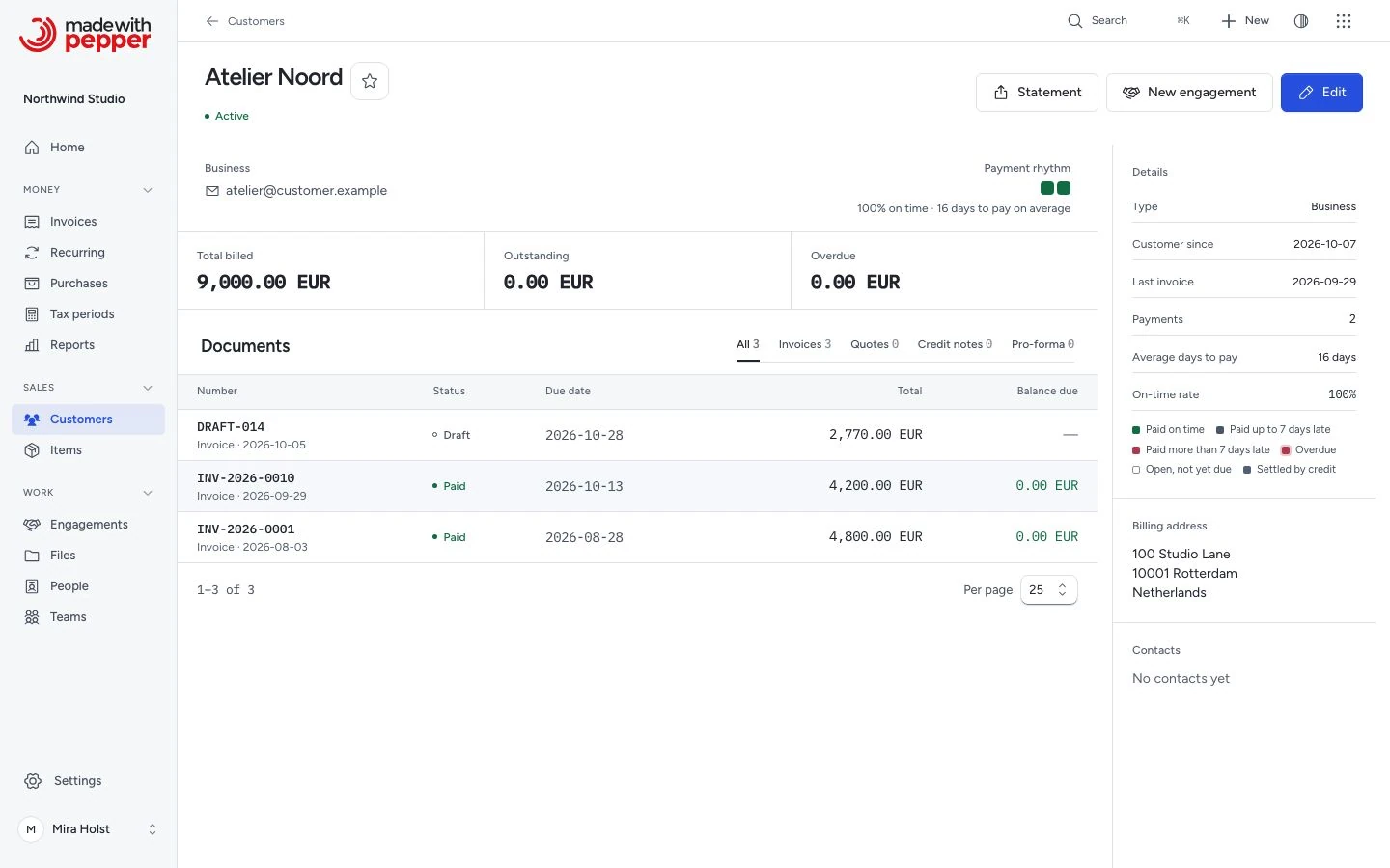 Customer record with identity, related documents and financial context