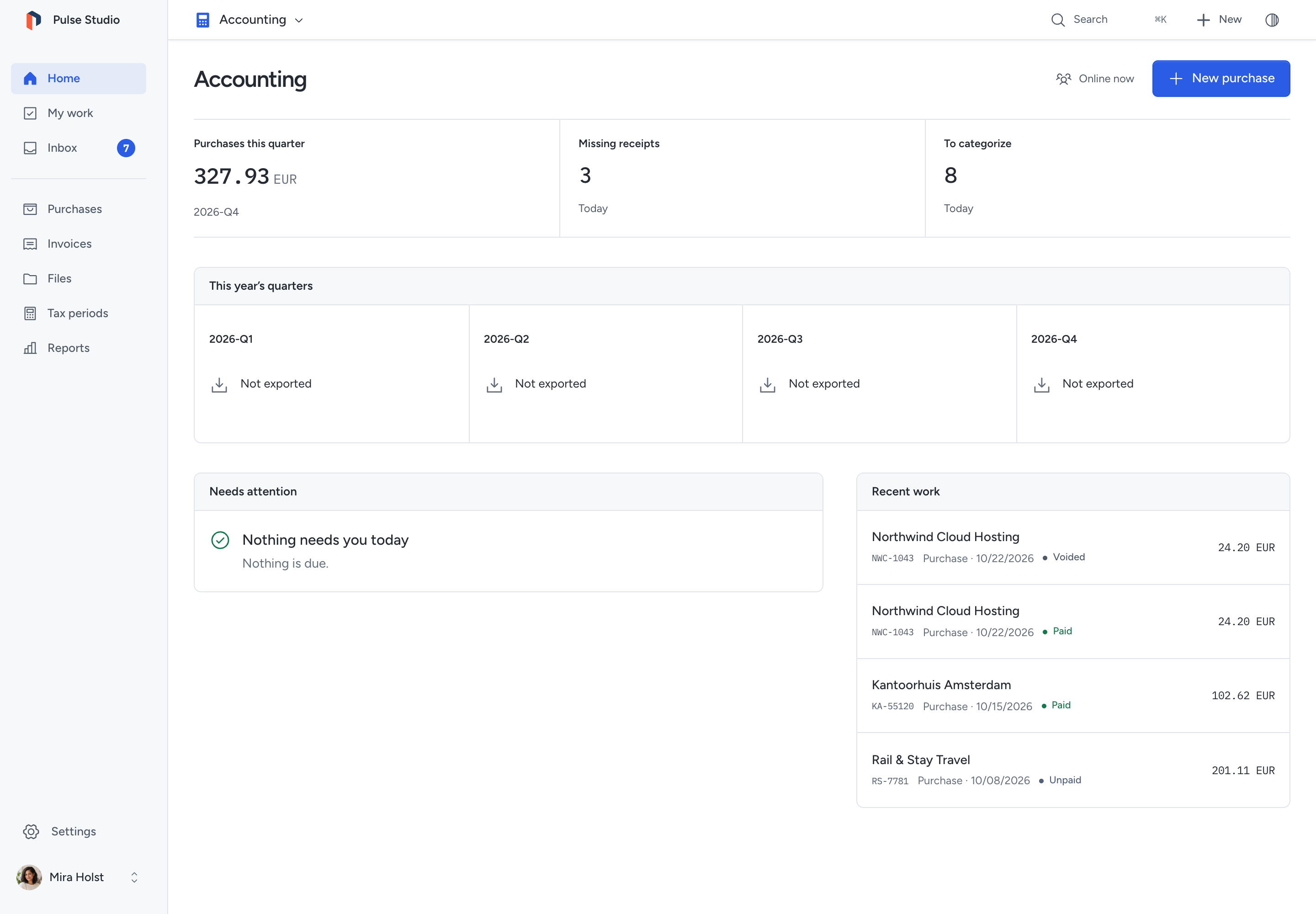 The Accounting desk: Home with recorded purchases, missing receipts, uncategorised lines and quarter exports, and Purchases, Invoices, Files, Tax periods and Reports in its menu.