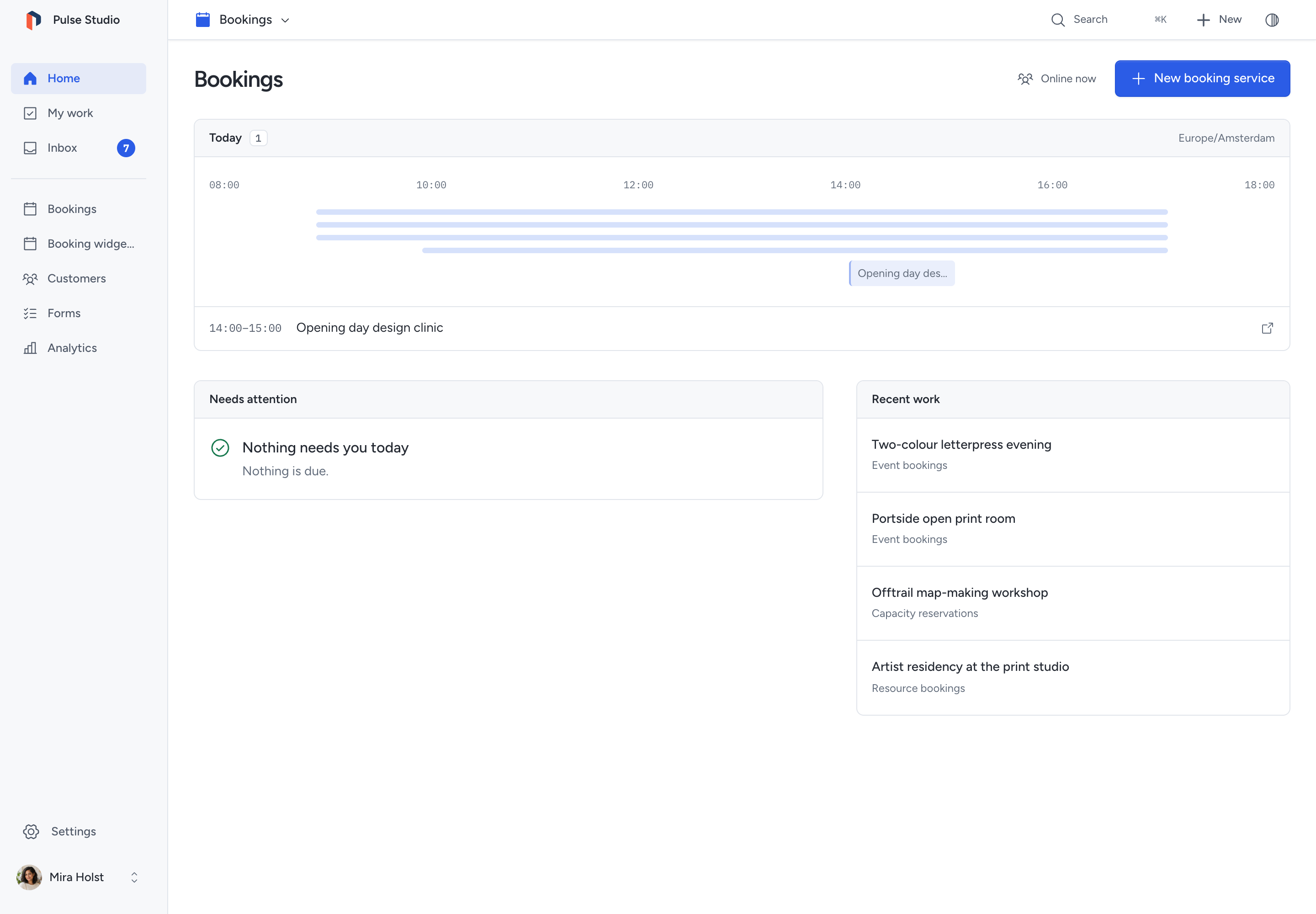 The Bookings desk: Home with today’s schedule and recent reservations, and Bookings, Booking widgets, Customers, Forms and Analytics in its menu.