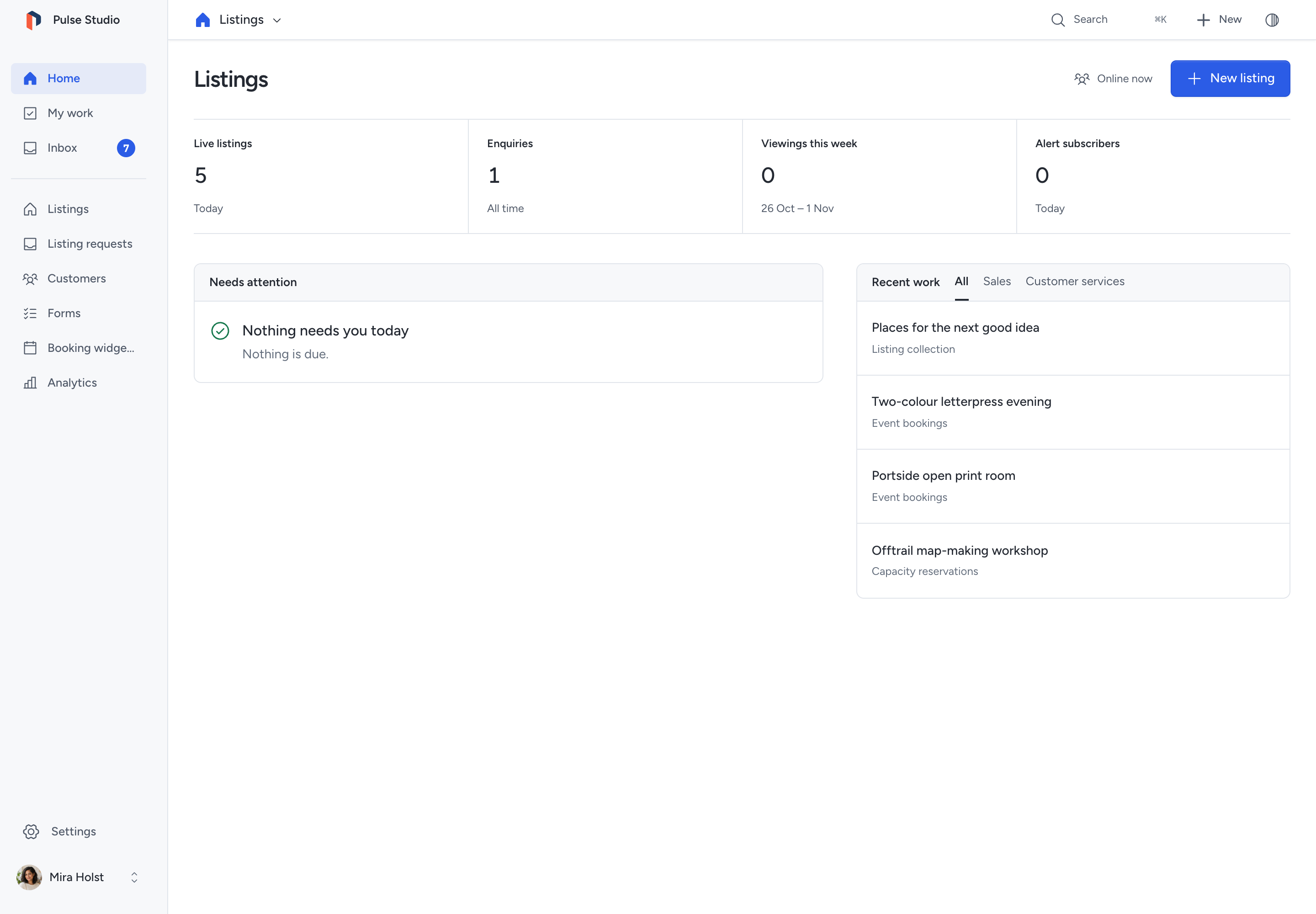 The Listings desk: Home with open listings, enquiries, viewings and subscribers, and Listings, Listing requests, Customers, Forms, Booking widgets and Analytics in its menu.