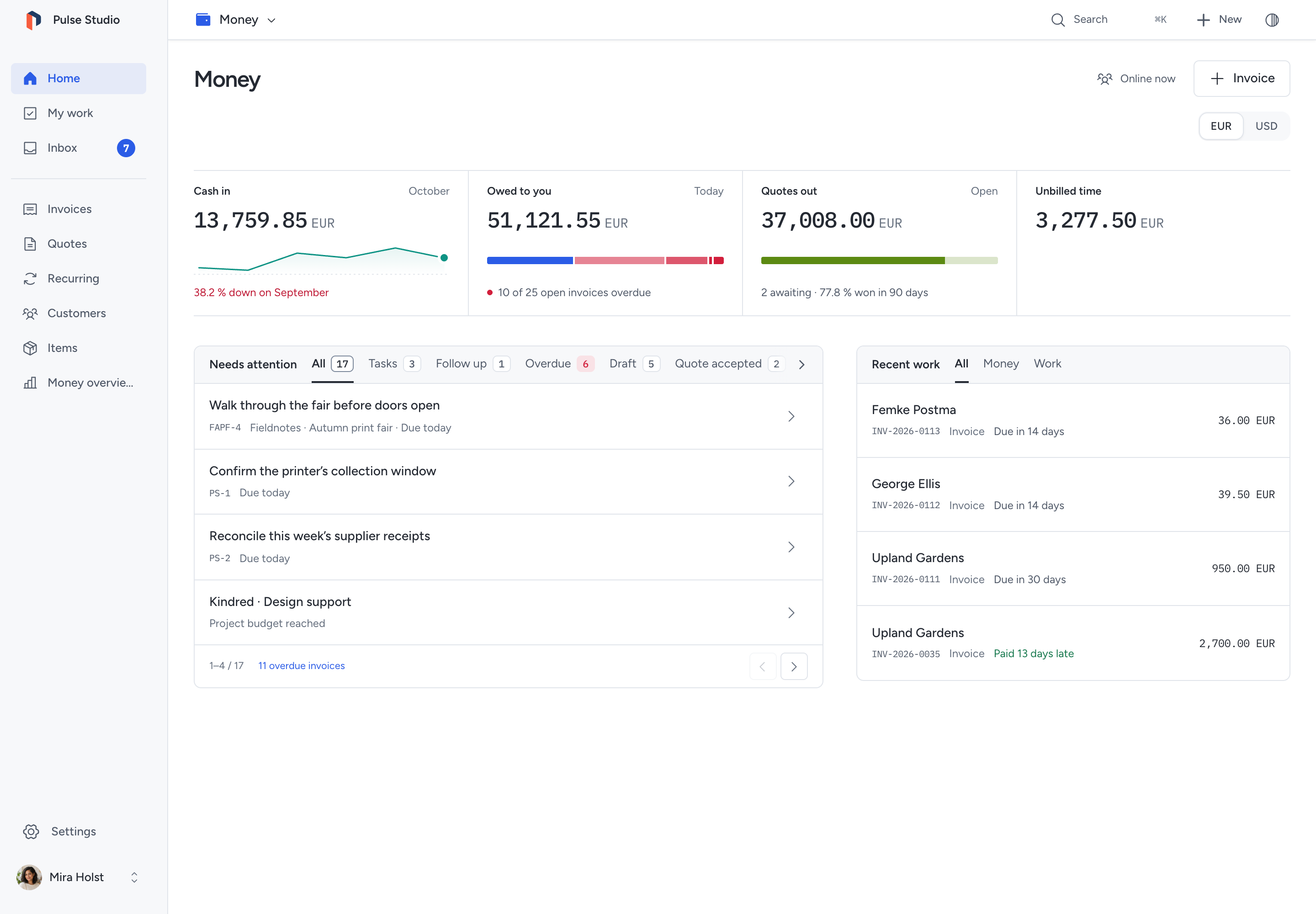 The Money desk: Home with cash in, money owed, open quotes and unbilled time, and Invoices, Quotes, Recurring, Customers, Items and Money overview in its menu.