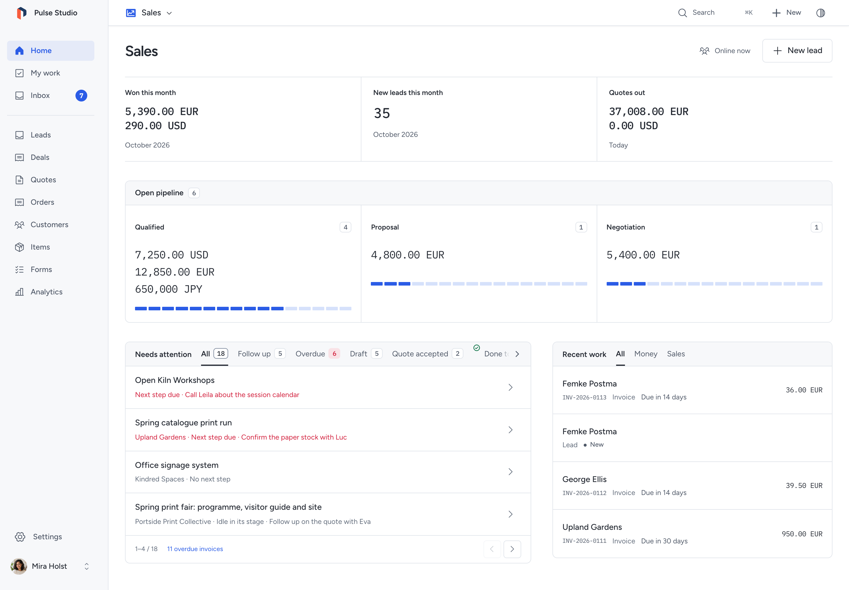 The Sales desk: Home with pipeline figures, new leads and deal stages, and Leads, Deals, Quotes, Orders, Customers, Items, Forms and Analytics in its menu.
