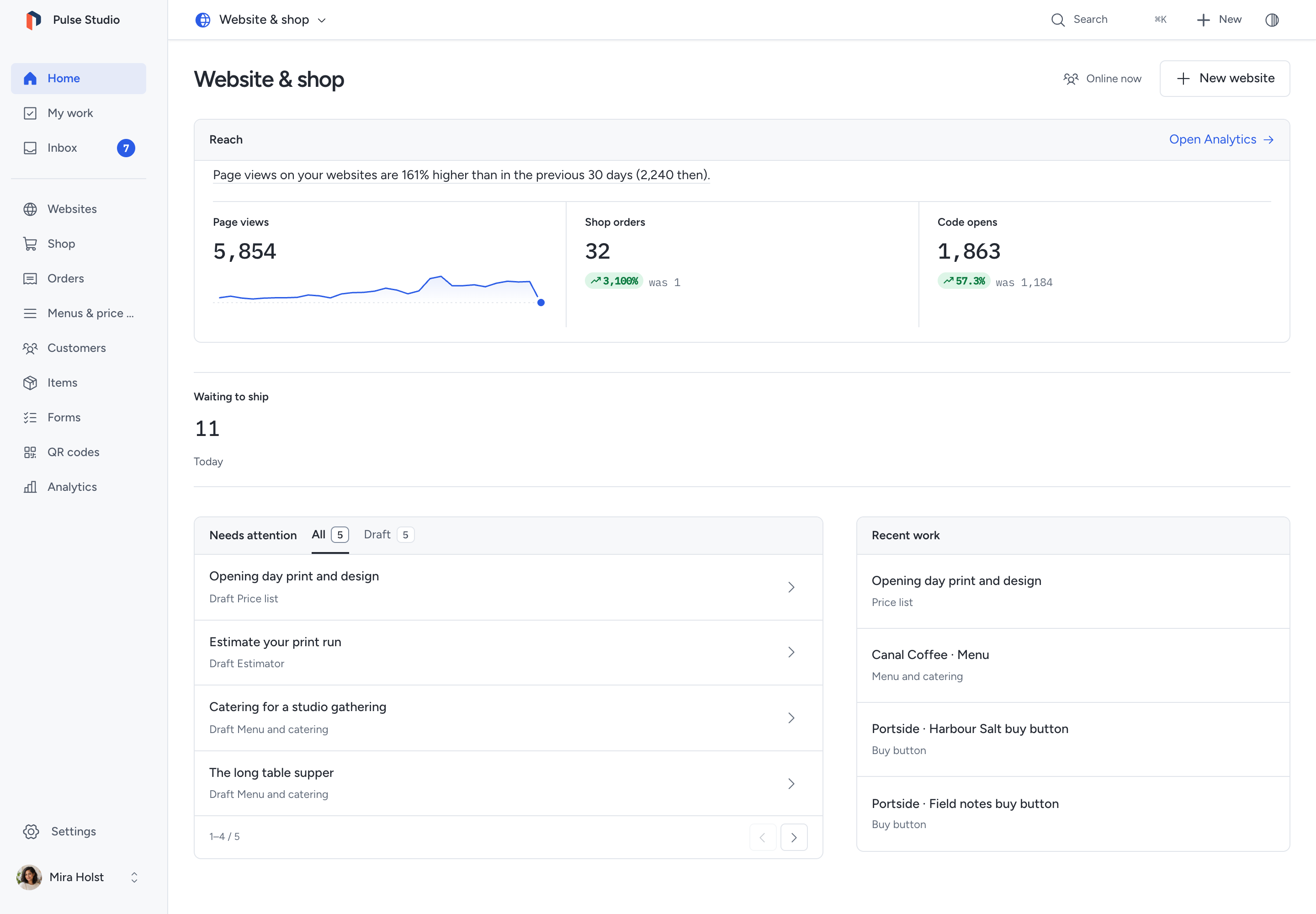 The Website & shop desk: Home with the Reach instrument comparing page views, shop orders and code opens with the previous 30 days, the paid orders waiting to ship, and Websites, Shop, Orders, Menus & price lists, Customers, Items, Forms, QR codes and Analytics in its menu.