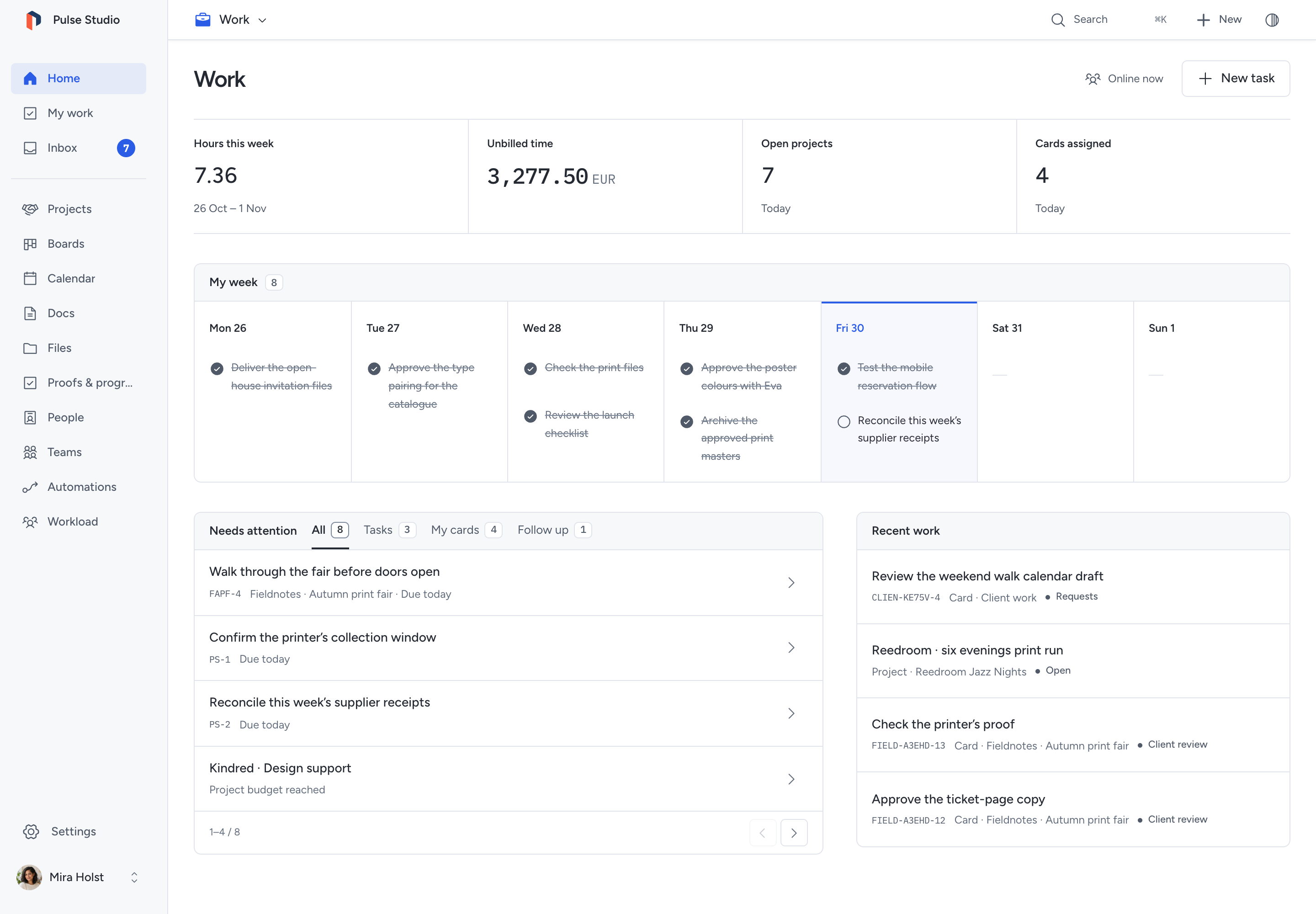 The Work desk: Home with work figures and the week’s assigned tasks, and Projects, Boards, Calendar, Docs, Files, Proofs & progress, People, Teams, Automations and Workload in its menu.