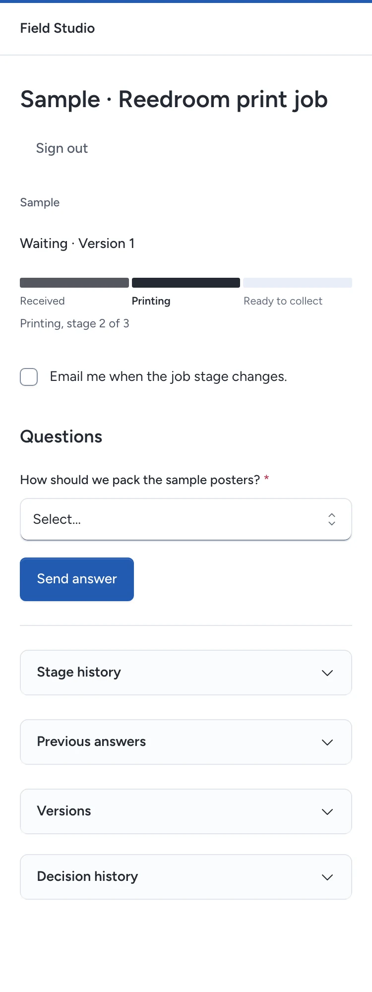 The invited contact sees Printing and chooses how the sample posters should be packed.
