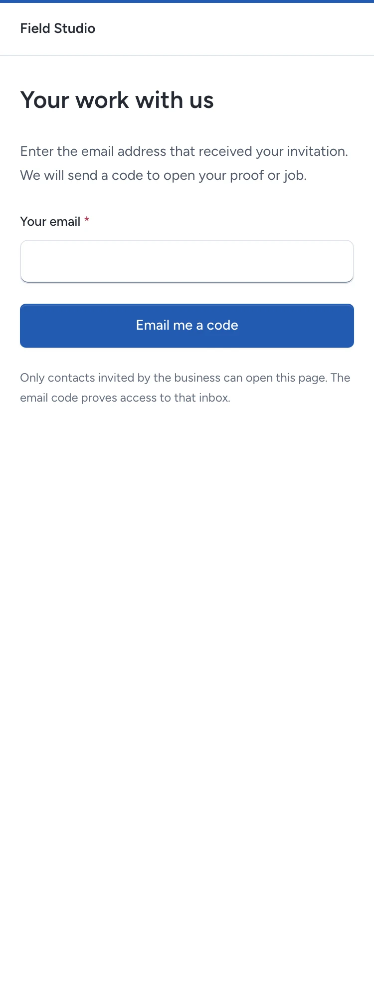 The contact enters the invited email before seeing private files.
