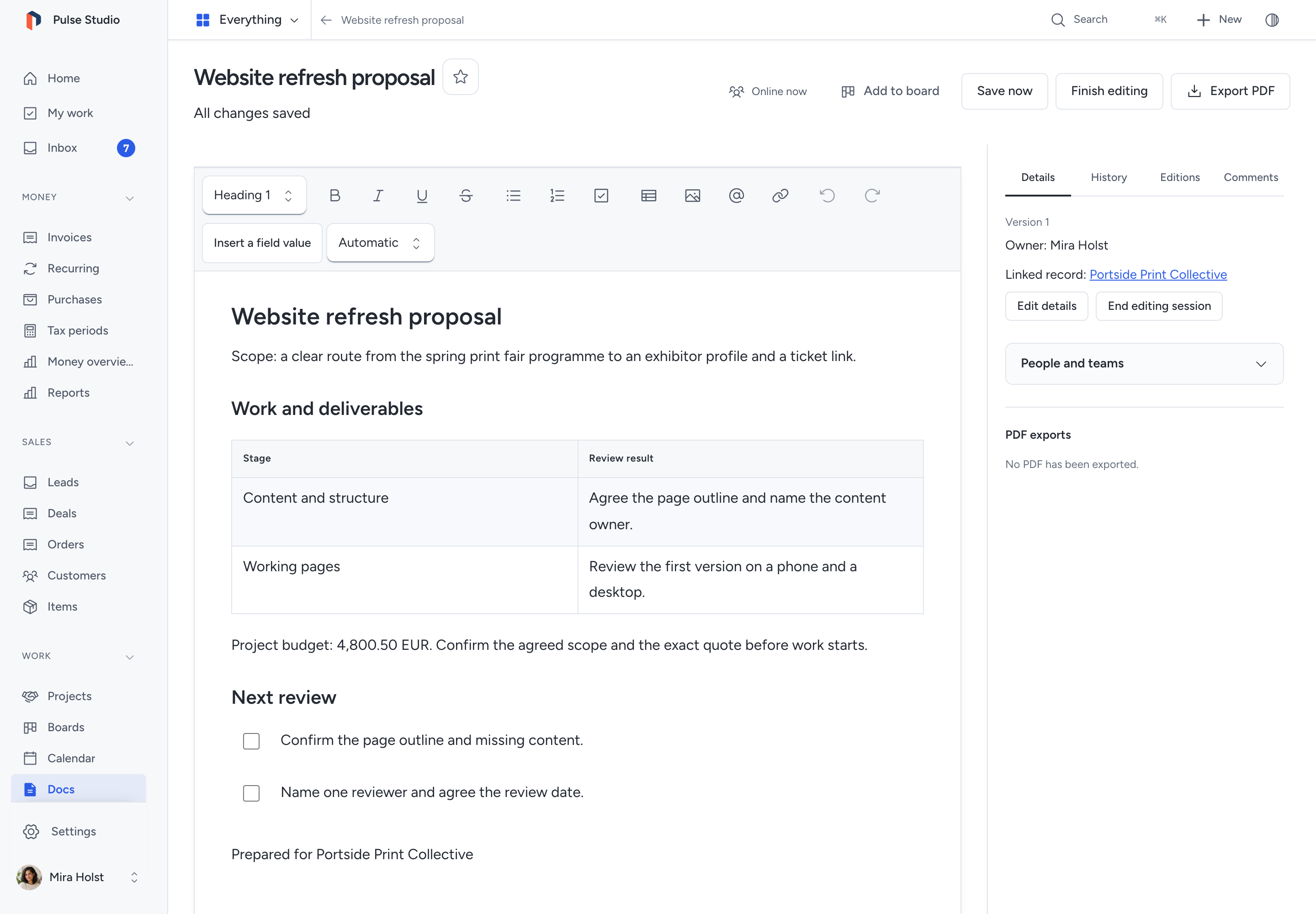 A saved proposal in the Docs editor with headings, formatted text, a table and the All changes saved status.