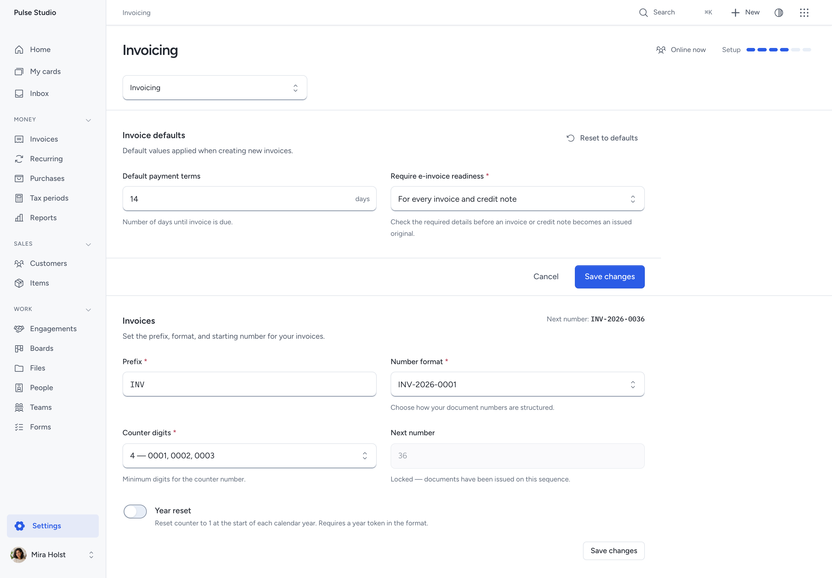 Invoice defaults with e-invoice readiness required for every invoice and credit note.