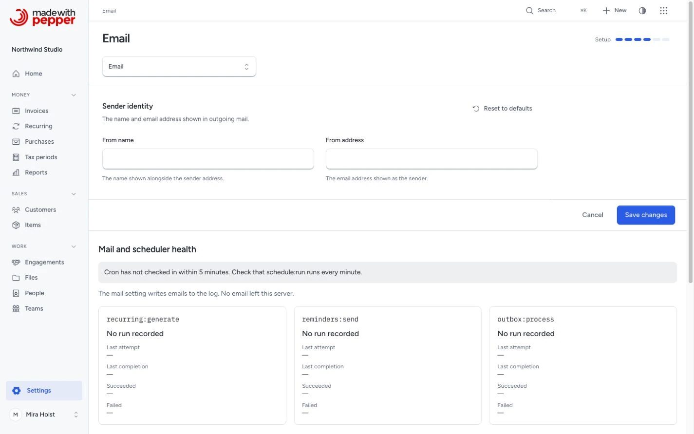 Email settings with sender identity and scheduler health