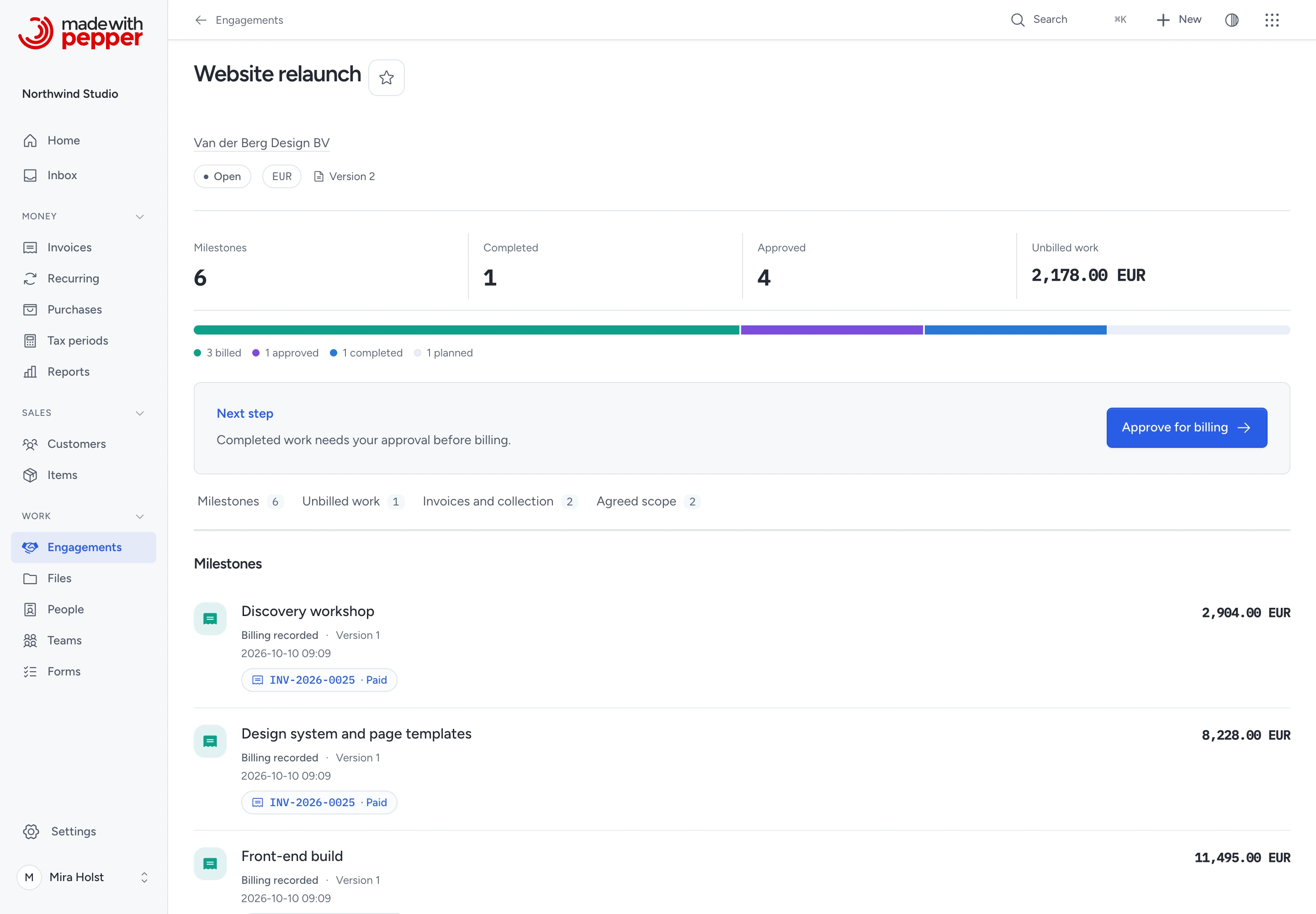 An engagement in Pepper, with agreed work, approved milestones and the next step toward an invoice.