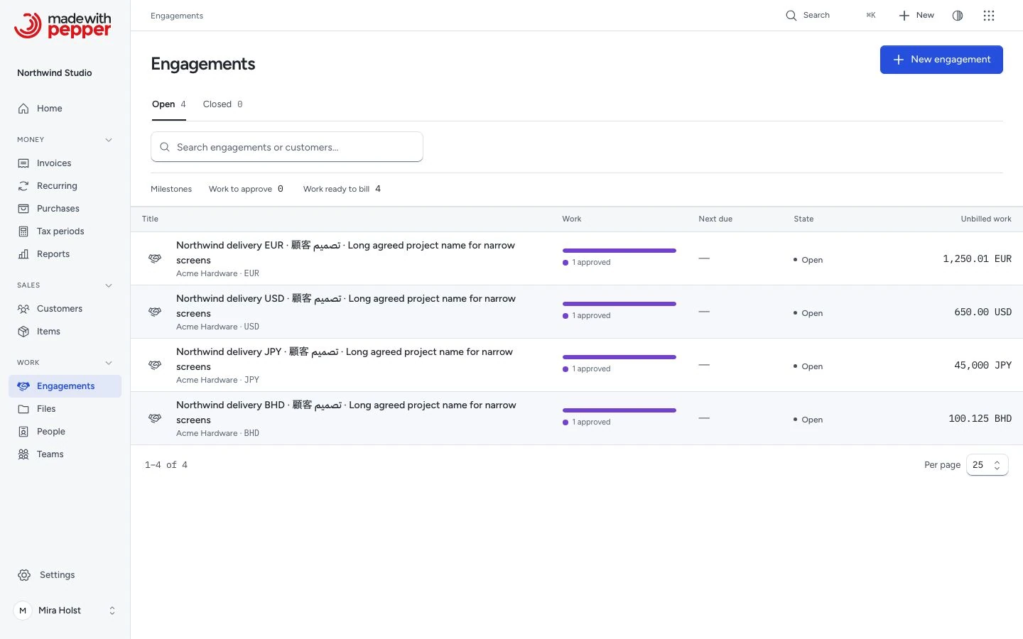 Agreed work register with work states and connected customers