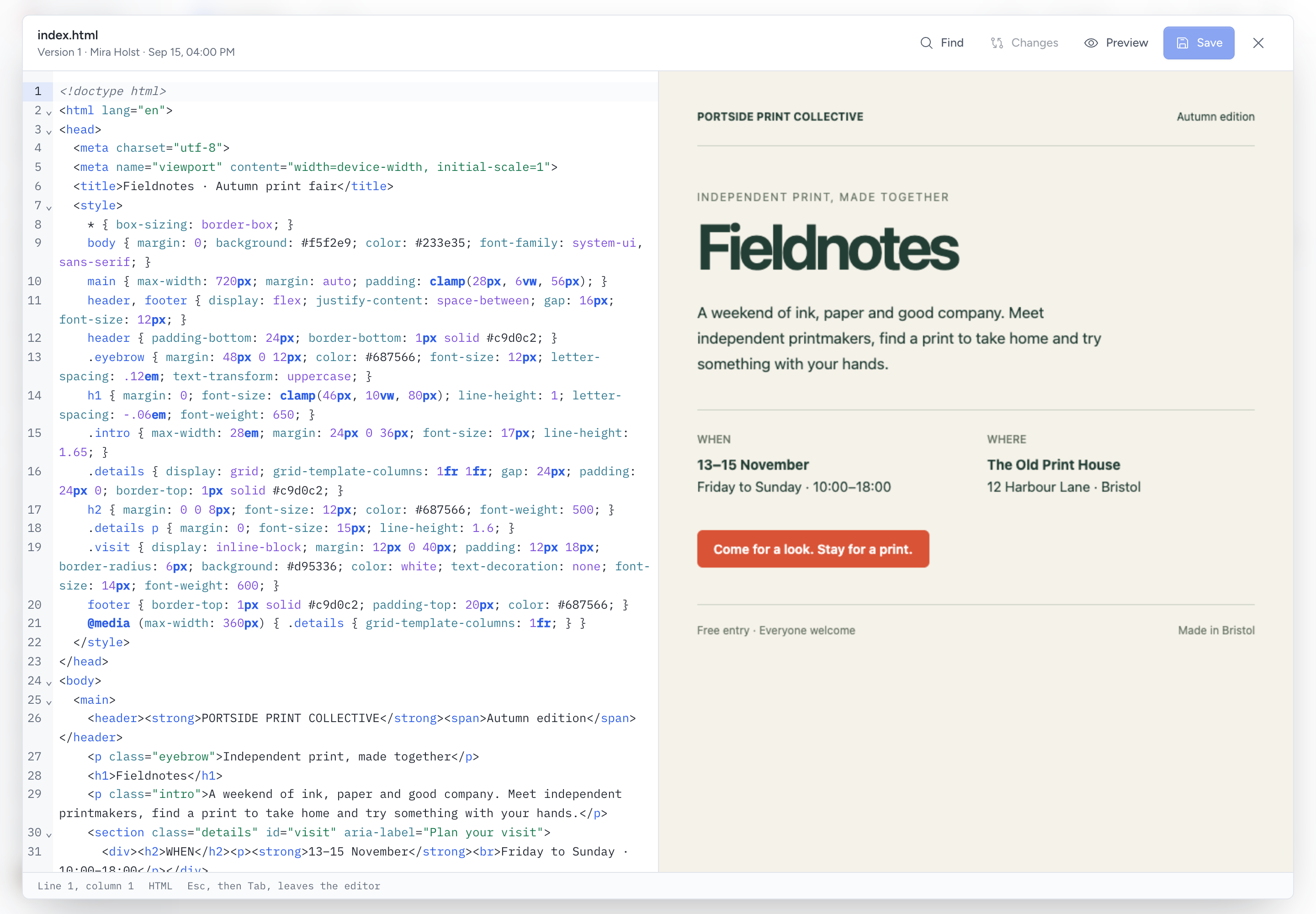 An HTML file in the Pepper text editor beside its preview, with Find, Changes, Preview and Save.