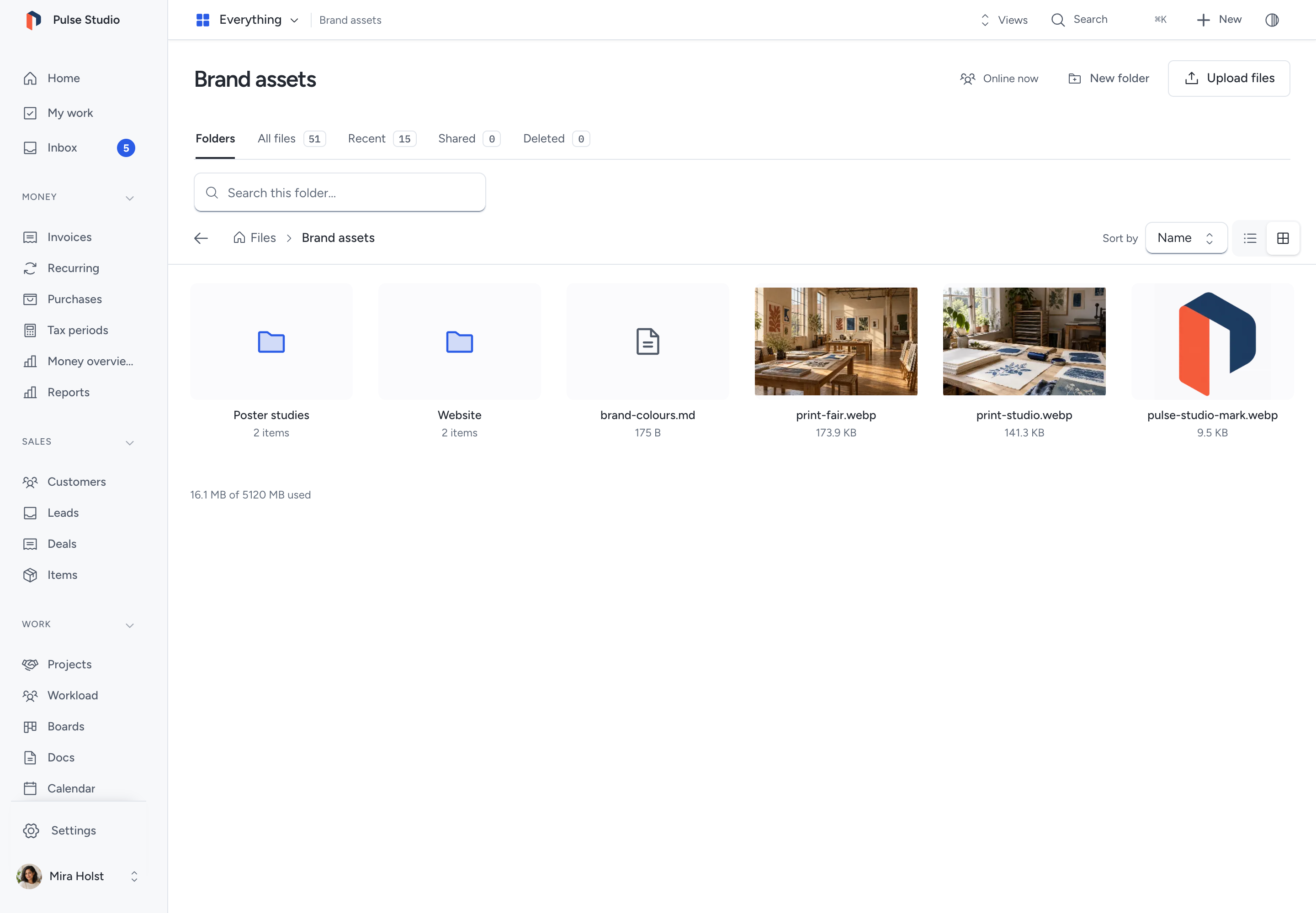The Brand assets folder in Pepper Files as a grid, with print studio and gallery photographs, the folder path and sort controls.