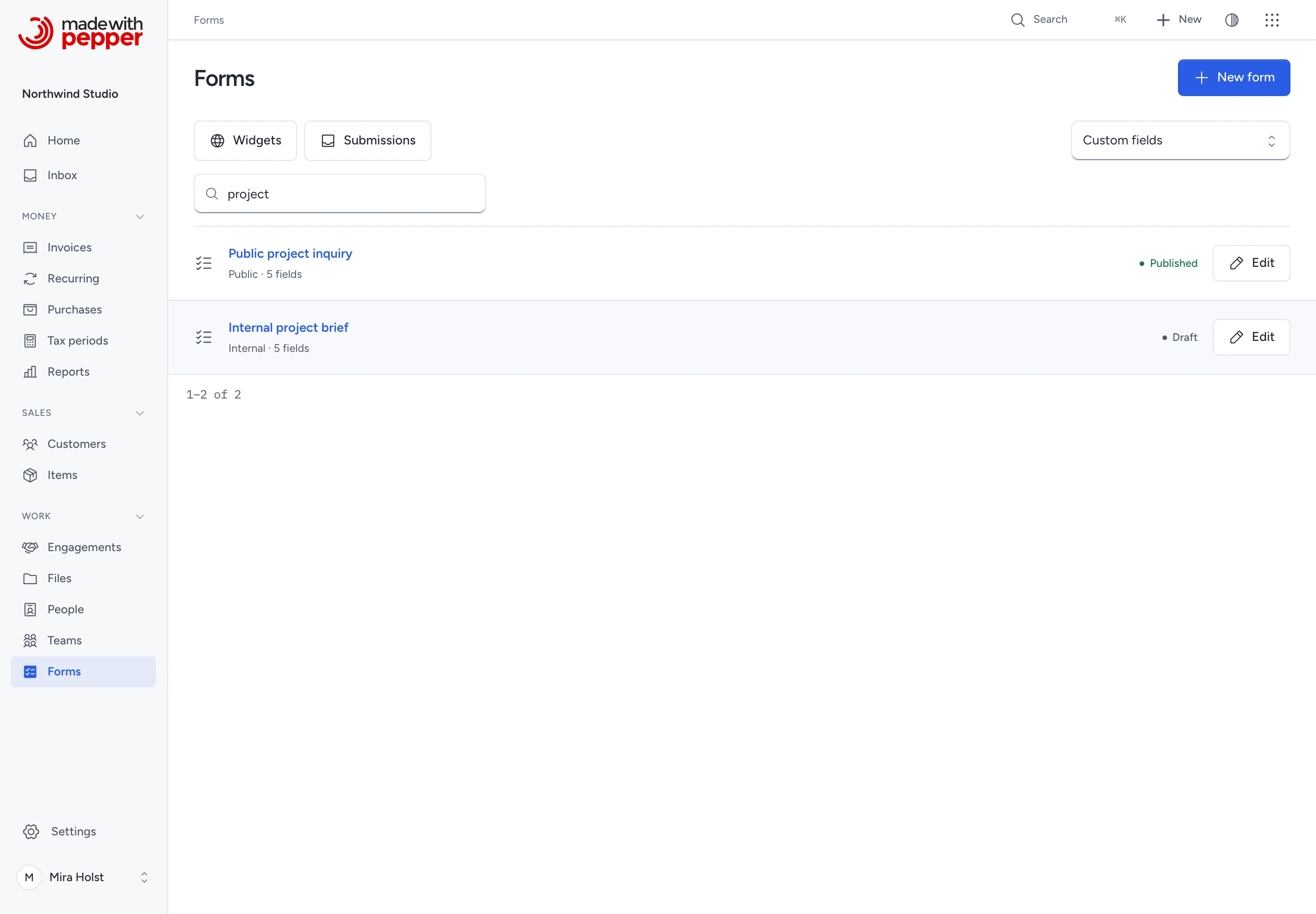 Forms register with an internal brief, a public inquiry and the Custom fields selector