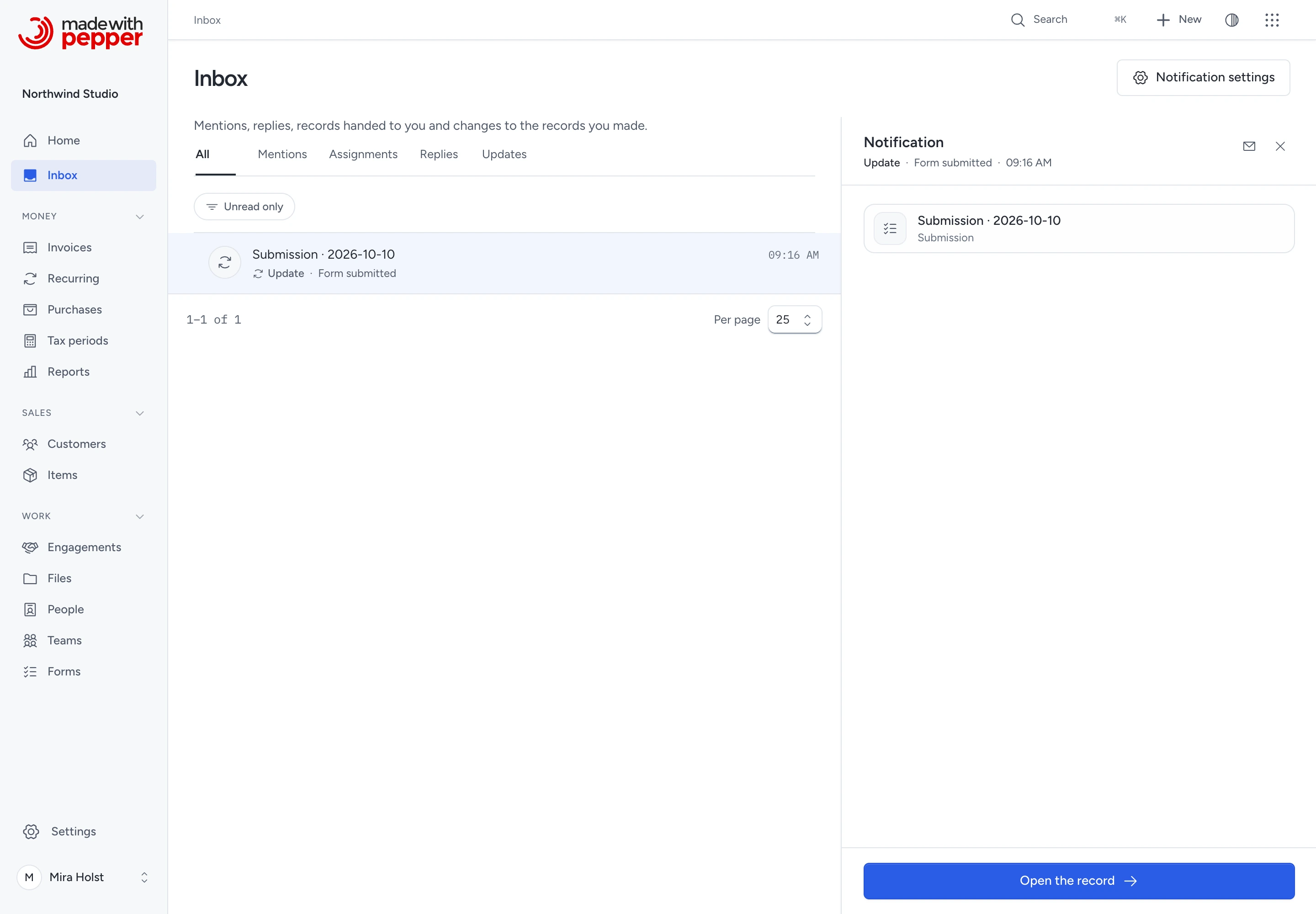 Inbox with notification kinds, unread markers and a pane for the selected record