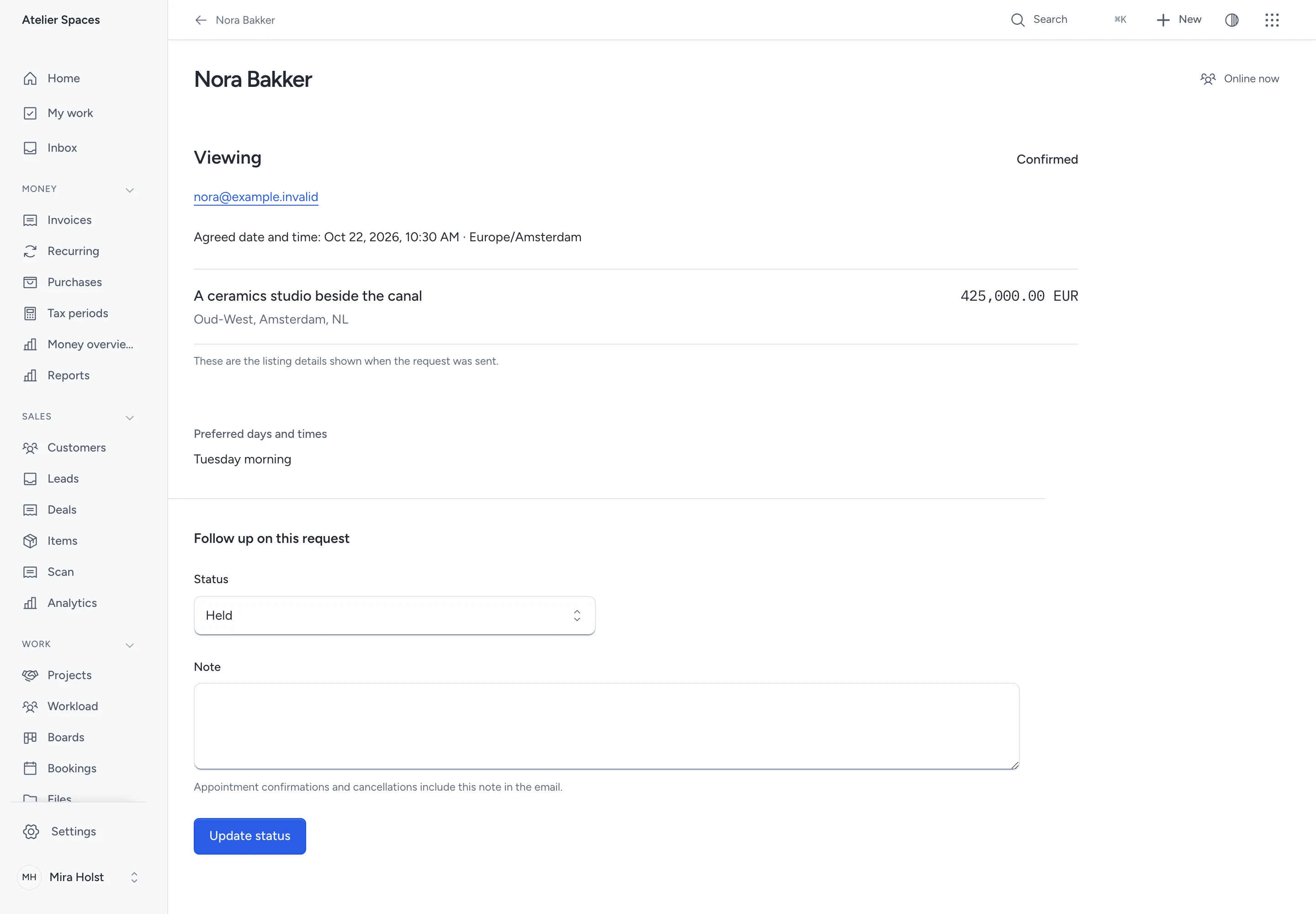 Confirmed viewing with the agreed time, listing snapshot and controls to record the outcome